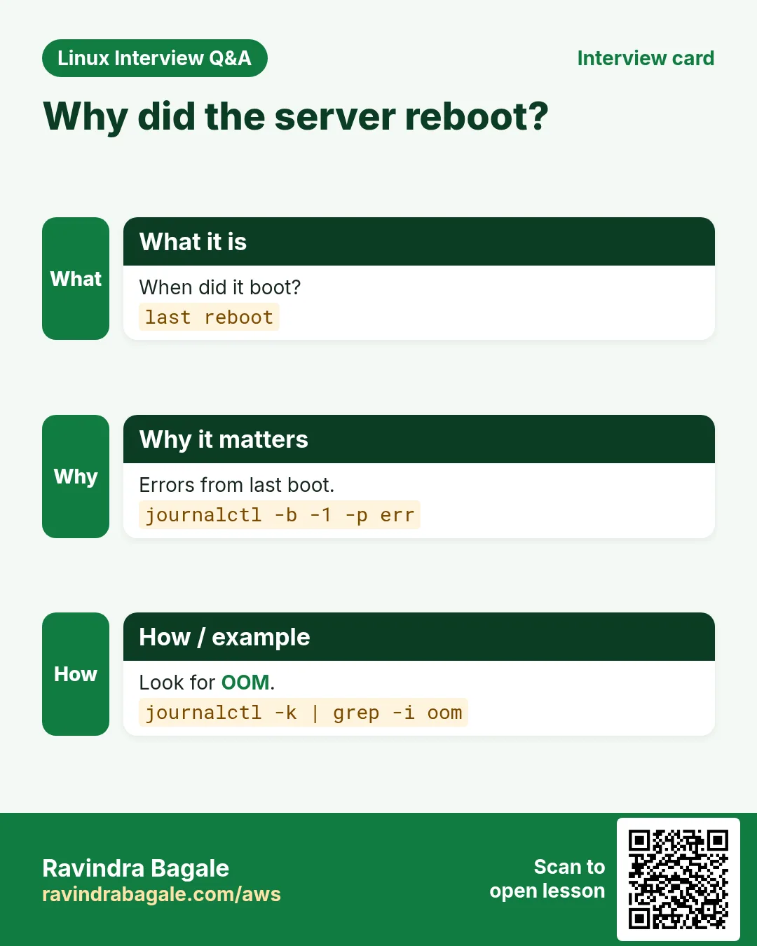 Why did the server reboot?. When did it boot? Errors from last boot. Look for OOM.