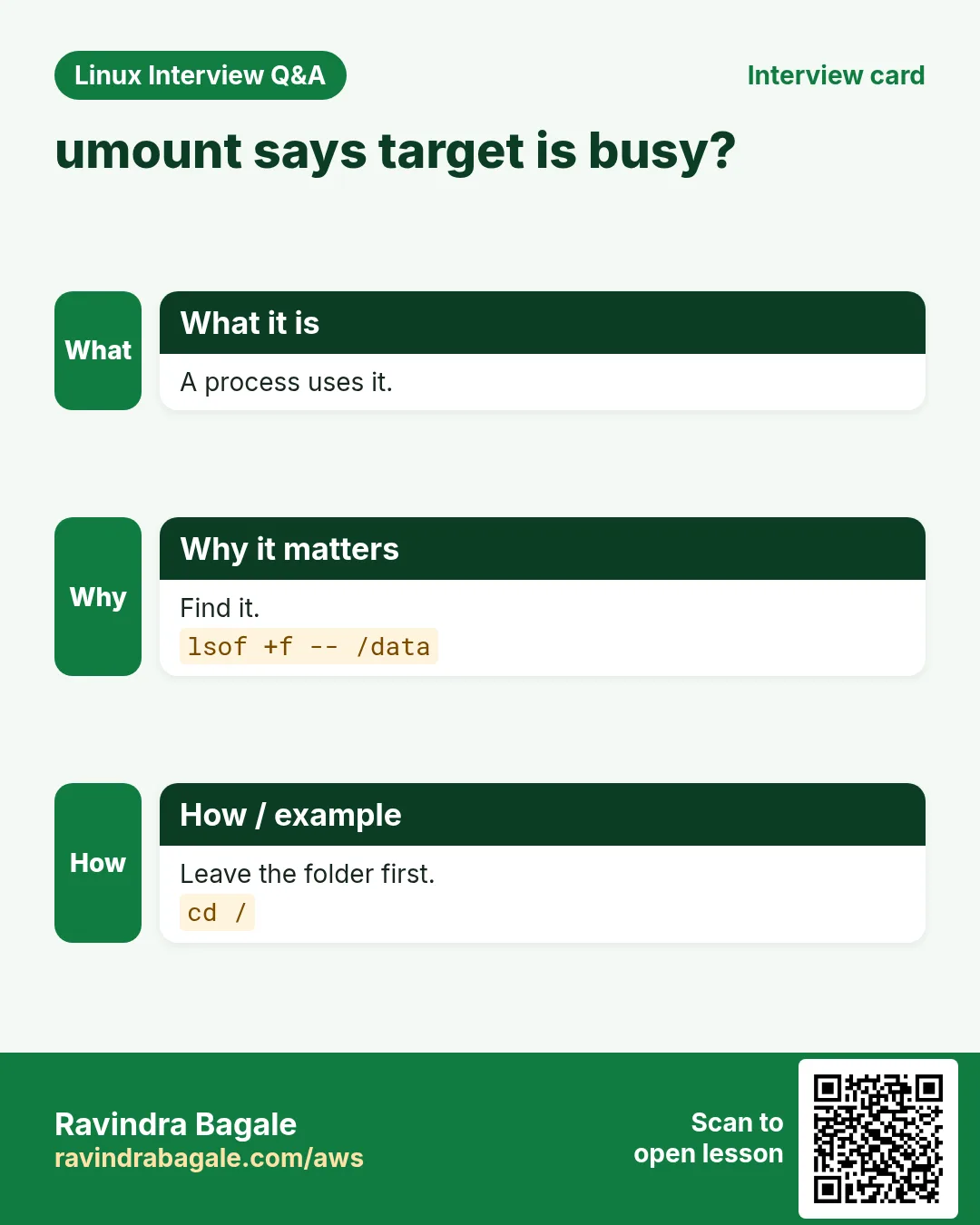 umount says target is busy?. A process uses it. Find it. Leave the folder first.