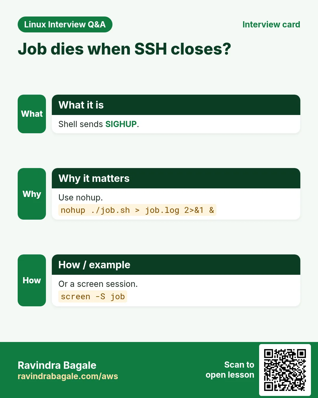 Job dies when SSH closes?. Shell sends SIGHUP. Use nohup. Or a screen session.