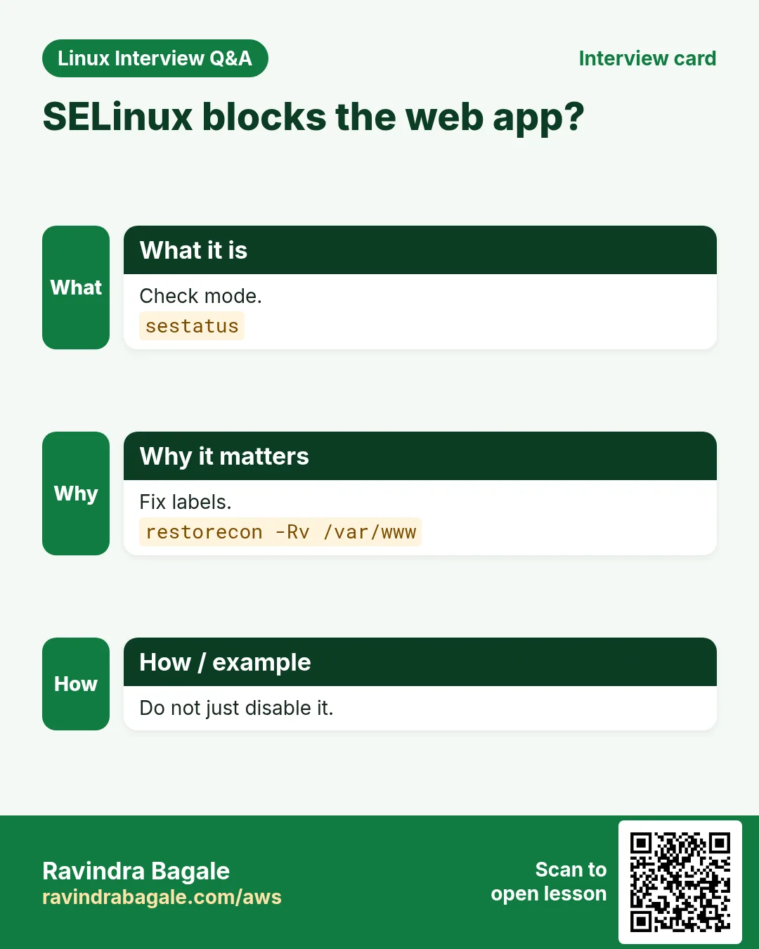 SELinux blocks the web app?. Check mode. Fix labels. Do not just disable it.