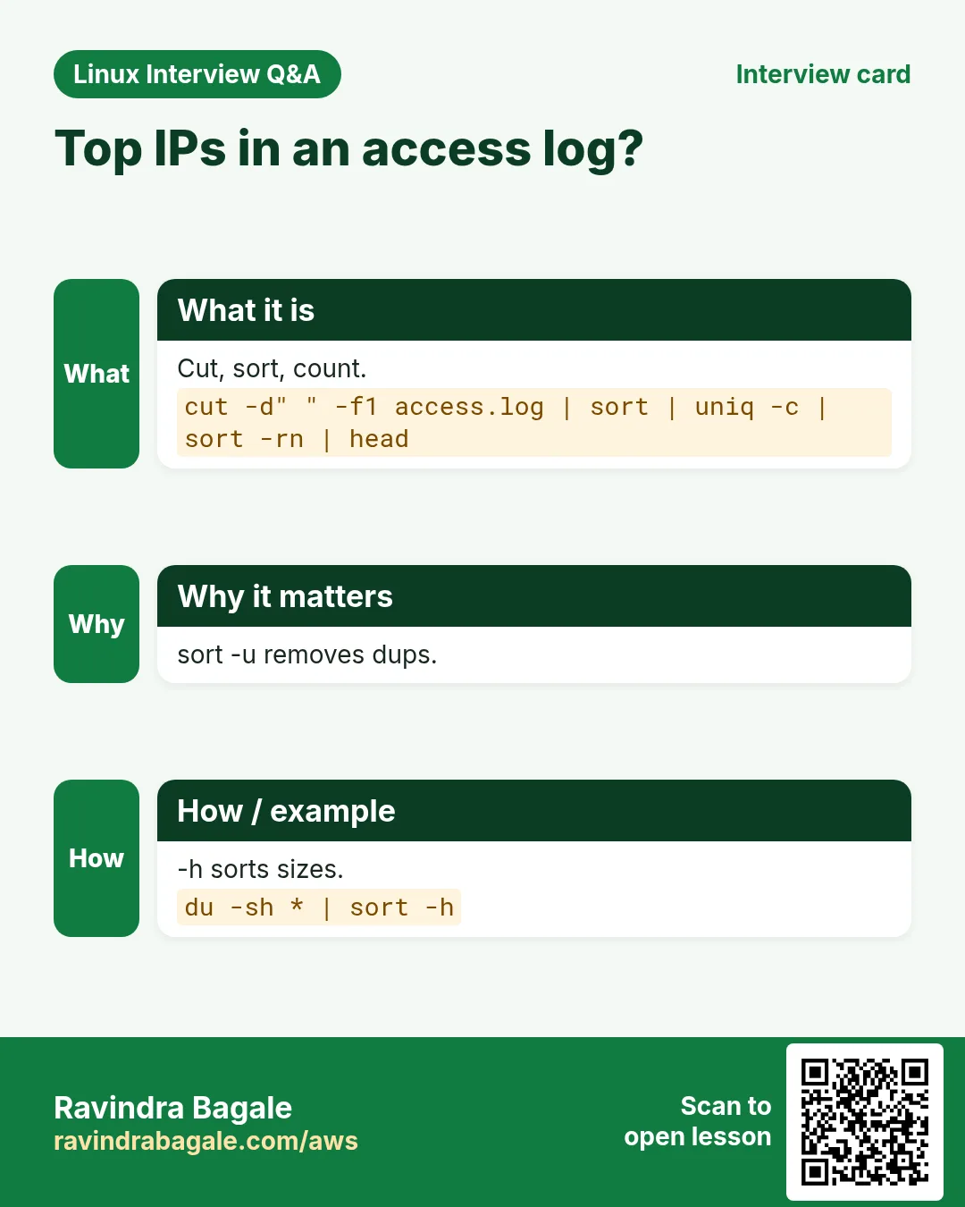 Top IPs in an access log?. Cut, sort, count. sort -u removes dups. -h sorts sizes.
