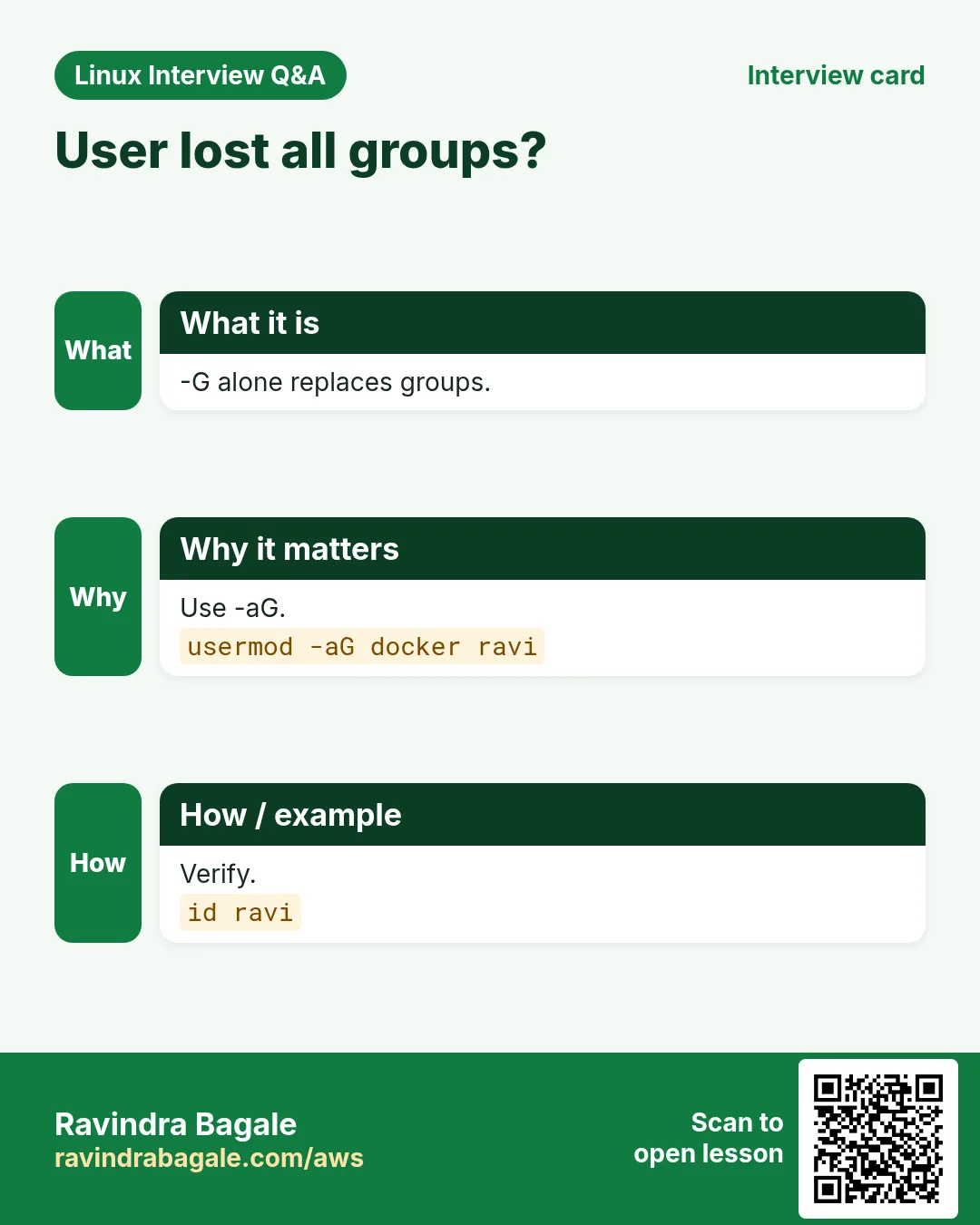 User lost all groups?. -G alone replaces groups. Use -aG. Verify.