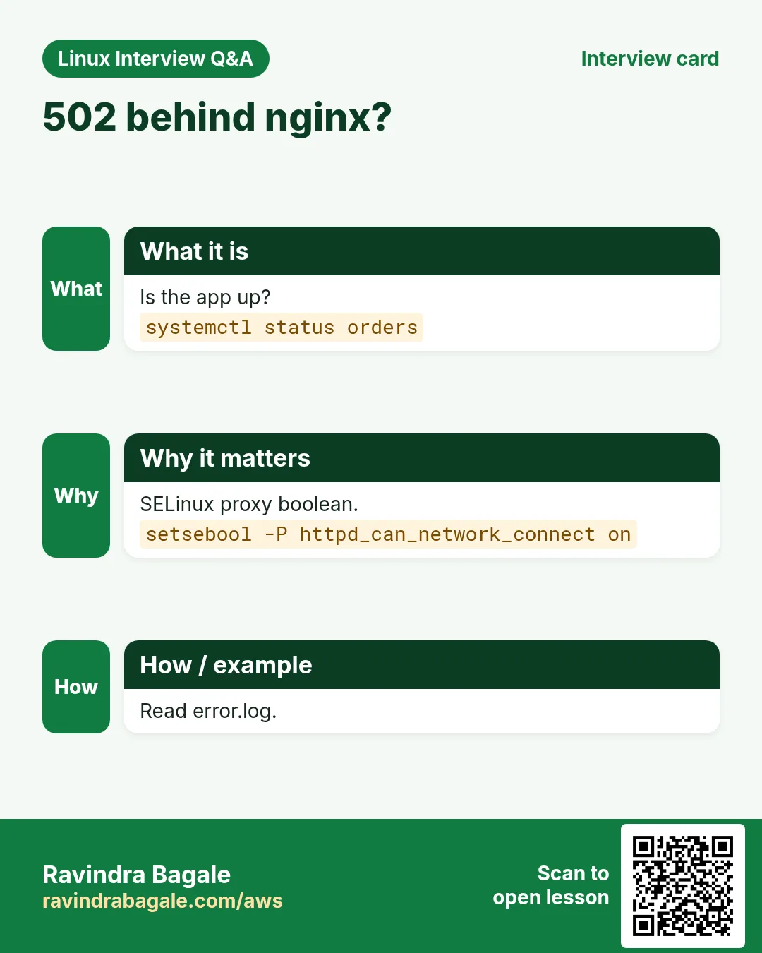 502 behind nginx?. Is the app up? SELinux proxy boolean. Read error.log.