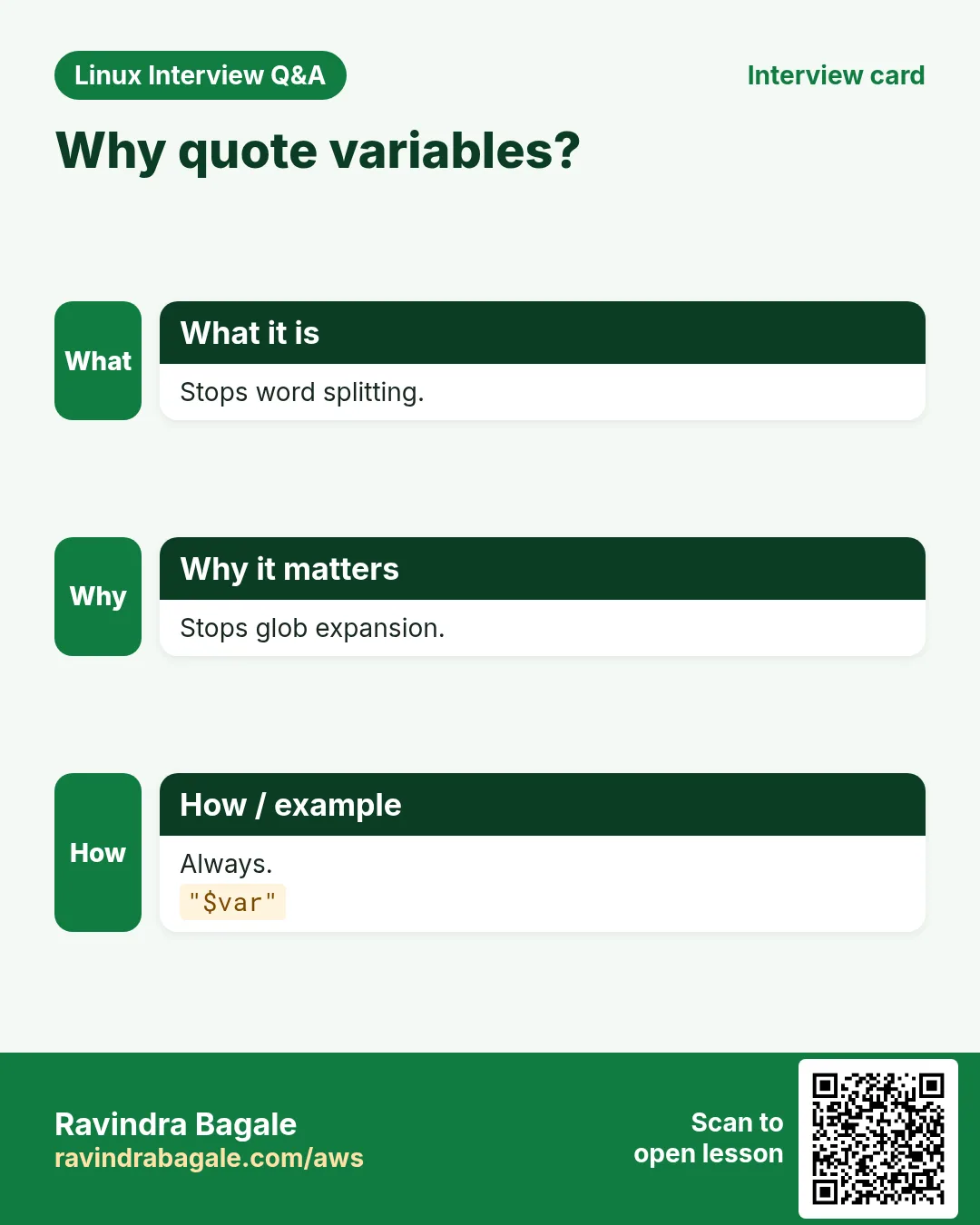 Why quote variables?. Stops word splitting. Stops glob expansion. Always.