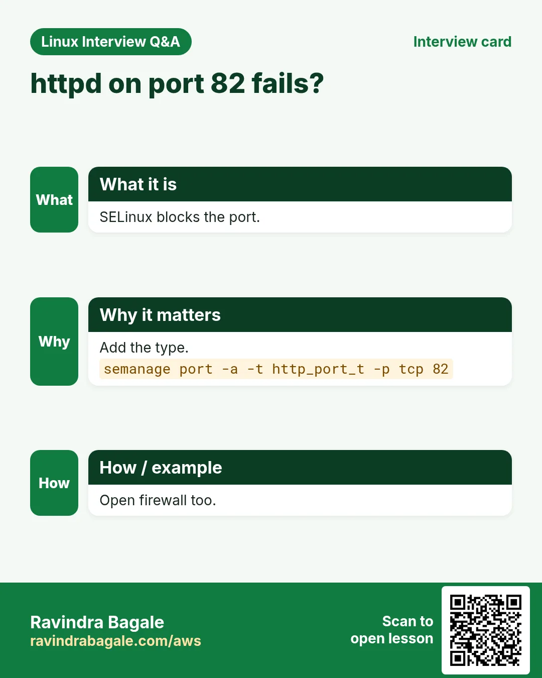 httpd on port 82 fails?. SELinux blocks the port. Add the type. Open firewall too.
