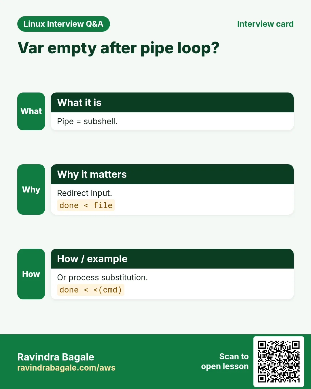 Var empty after pipe loop?. Pipe = subshell. Redirect input. Or process substitution.