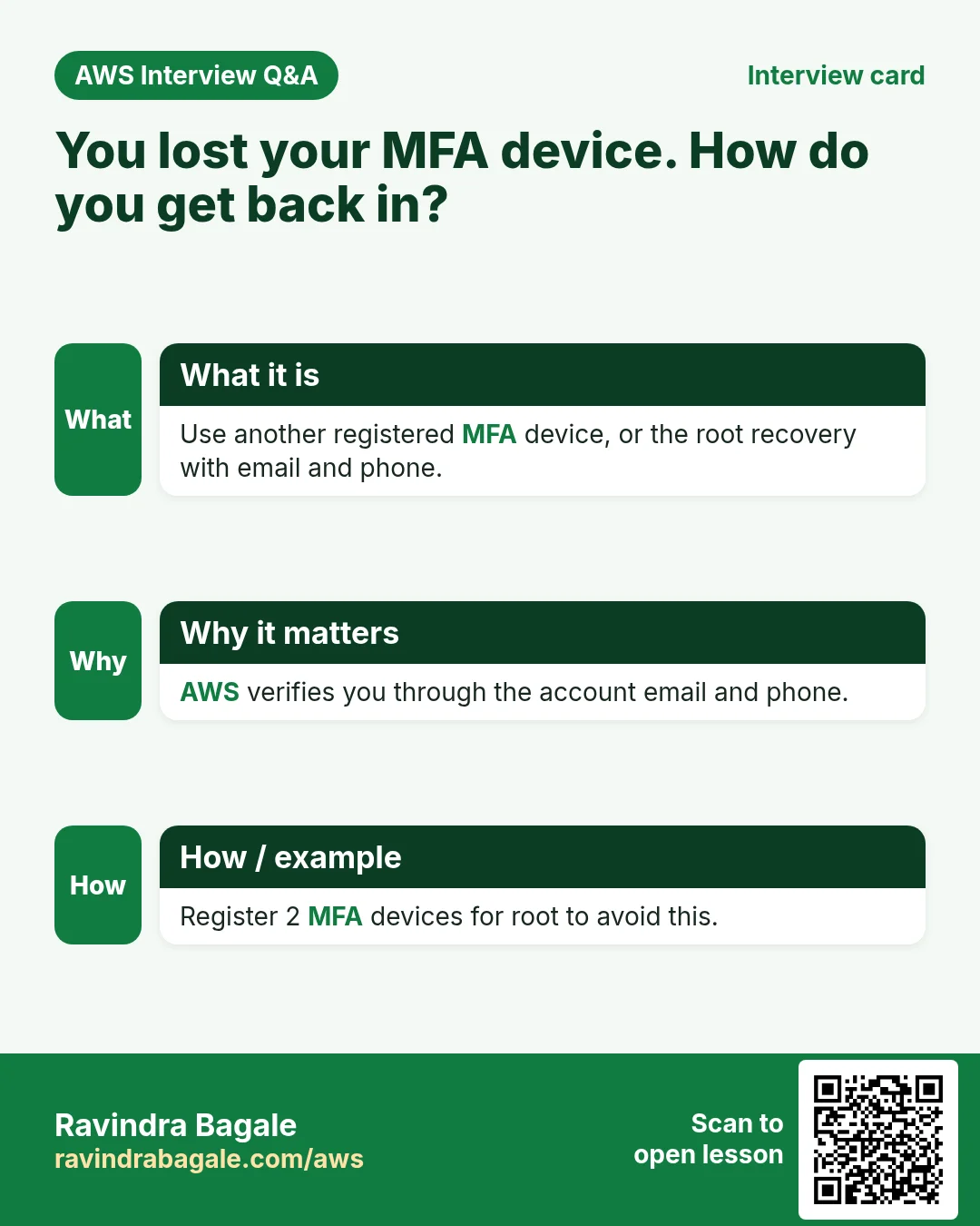 Interview card: You lost your MFA device. How do you get back in?. Use another registered MFA device, or the root recovery with email and phone. AWS verifies you through the account email and phone. Register 2 MFA devices for root to avoid this.
