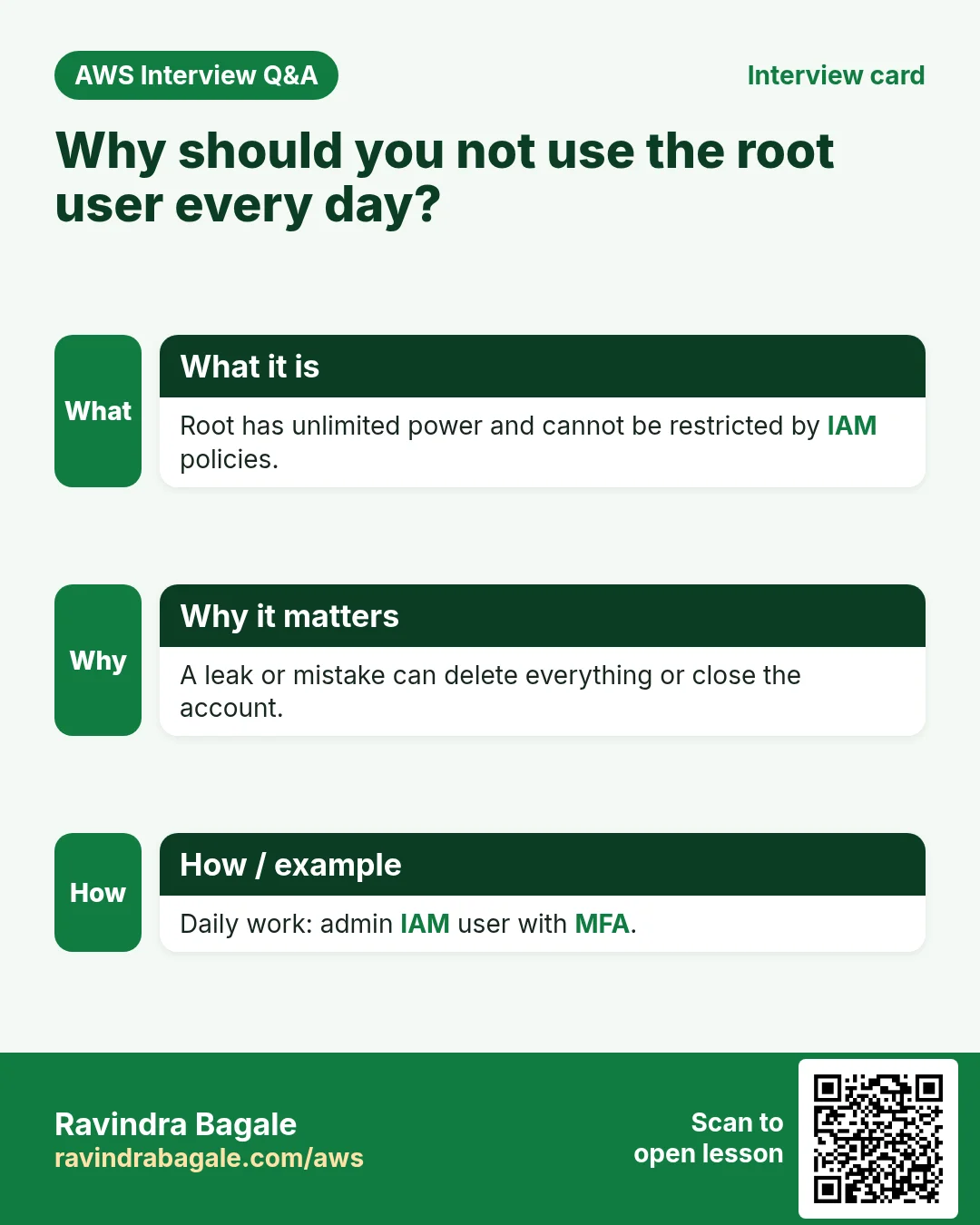 Interview card: Why should you not use the root user every day?. Root has unlimited power and cannot be restricted by IAM policies. A leak or mistake can delete everything or close the account. Daily work: admin IAM user with MFA.