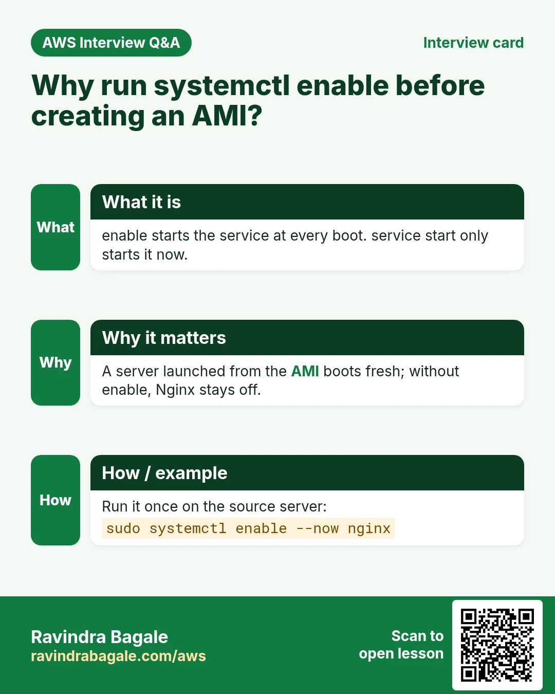 Interview card: Why run systemctl enable before creating an AMI?. enable starts the service at every boot. service start only starts it now. A server launched from the AMI boots fresh; without enable, Nginx stays off. Run it once on the source server: