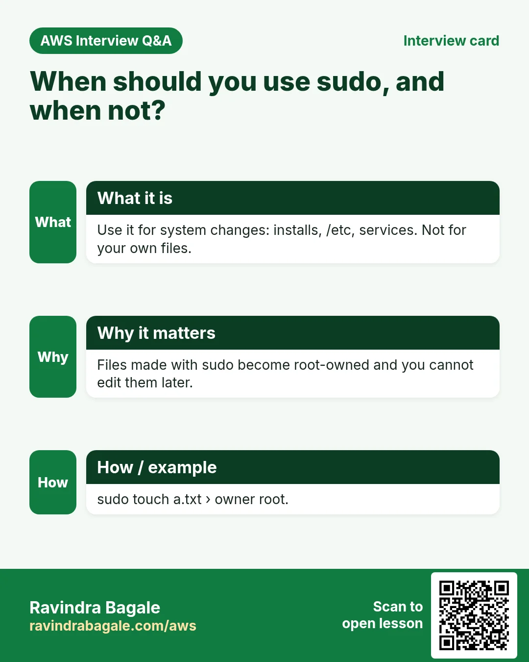 Interview card: When should you use sudo, and when not?. Use it for system changes: installs, /etc, services. Not for your own files. Files made with sudo become root-owned and you cannot edit them later. sudo touch a.txt › owner root.