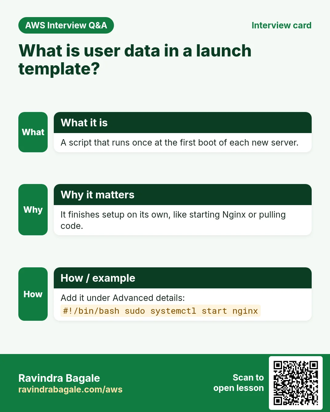 Interview card: What is user data in a launch template?. A script that runs once at the first boot of each new server. It finishes setup on its own, like starting Nginx or pulling code. Add it under Advanced details: