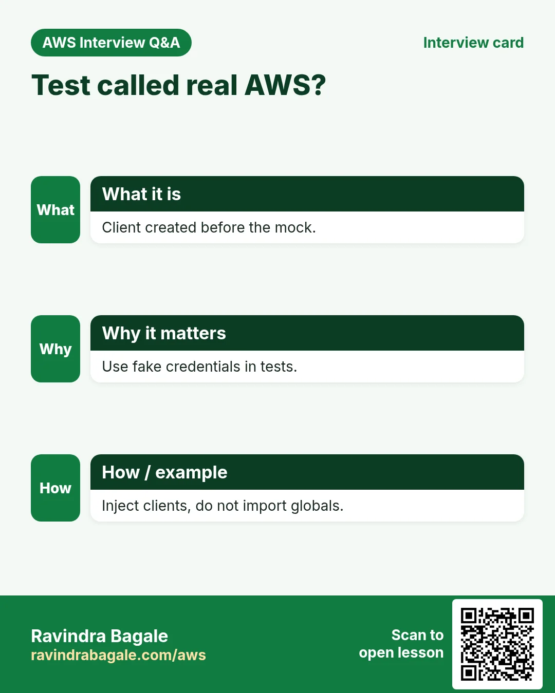 Test called real AWS?. Client created before the mock. Use fake credentials in tests. Inject clients, do not import globals.
