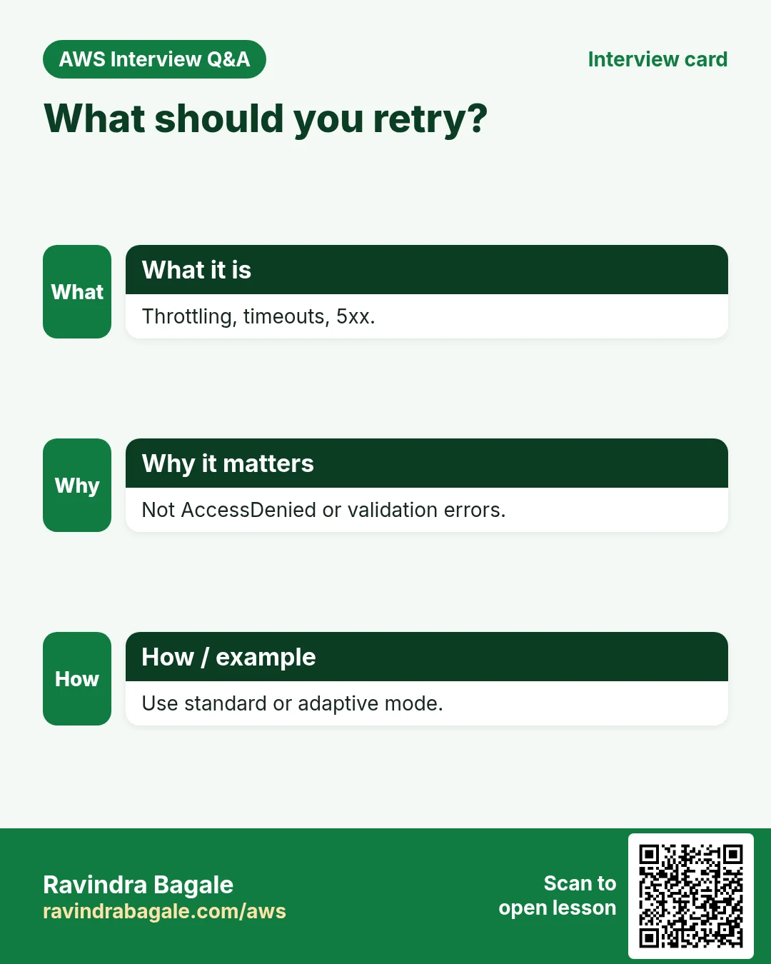 What should you retry?. Throttling, timeouts, 5xx. Not AccessDenied or validation errors. Use standard or adaptive mode.