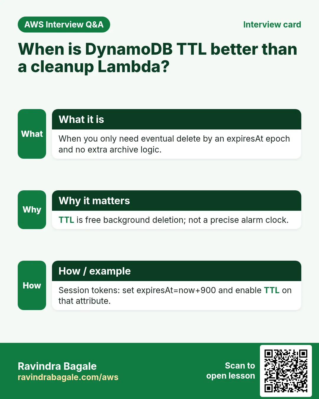 Interview card: When is DynamoDB TTL better than a cleanup Lambda?. When you only need eventual delete by an expiresAt epoch and no extra archive logic. TTL is free background deletion; not a precise alarm clock. Session tokens: set expiresAt=now+900 and enable TTL on that attribute.