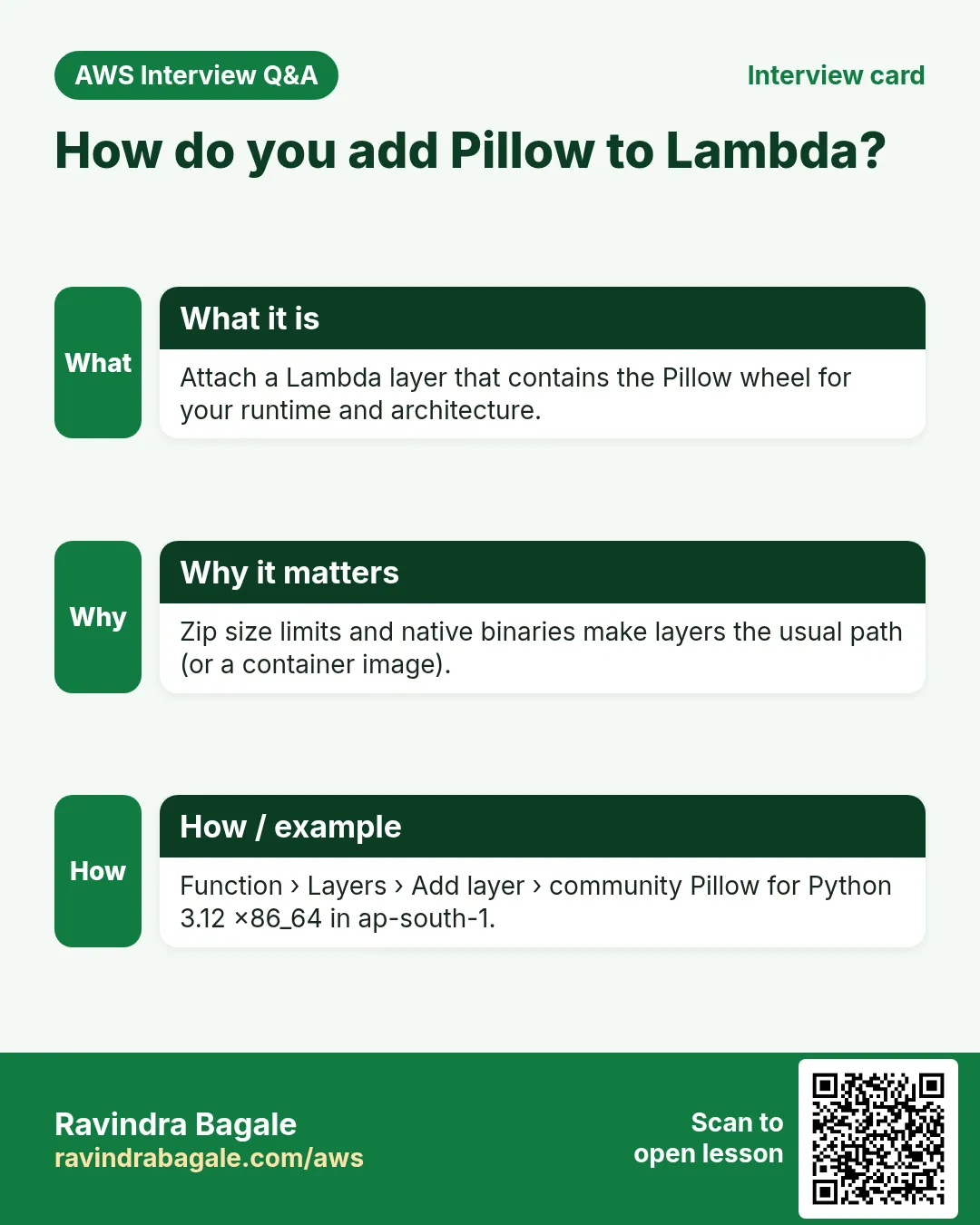 Interview card: How do you add Pillow to Lambda?. Attach a Lambda layer that contains the Pillow wheel for your runtime and architecture. Zip size limits and native binaries make layers the usual path (or a container image). Function › Layers › Add layer › community Pillow for Python 3.12 x86_64 in ap-south-1.