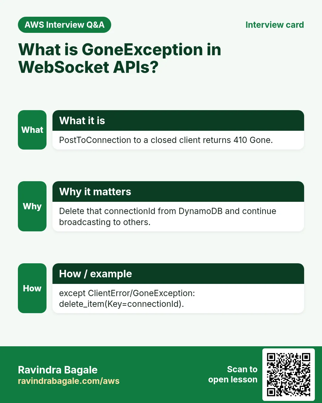 Interview card: What is GoneException in WebSocket APIs?. PostToConnection to a closed client returns 410 Gone. Delete that connectionId from DynamoDB and continue broadcasting to others. except ClientError/GoneException: delete_item(Key=connectionId).