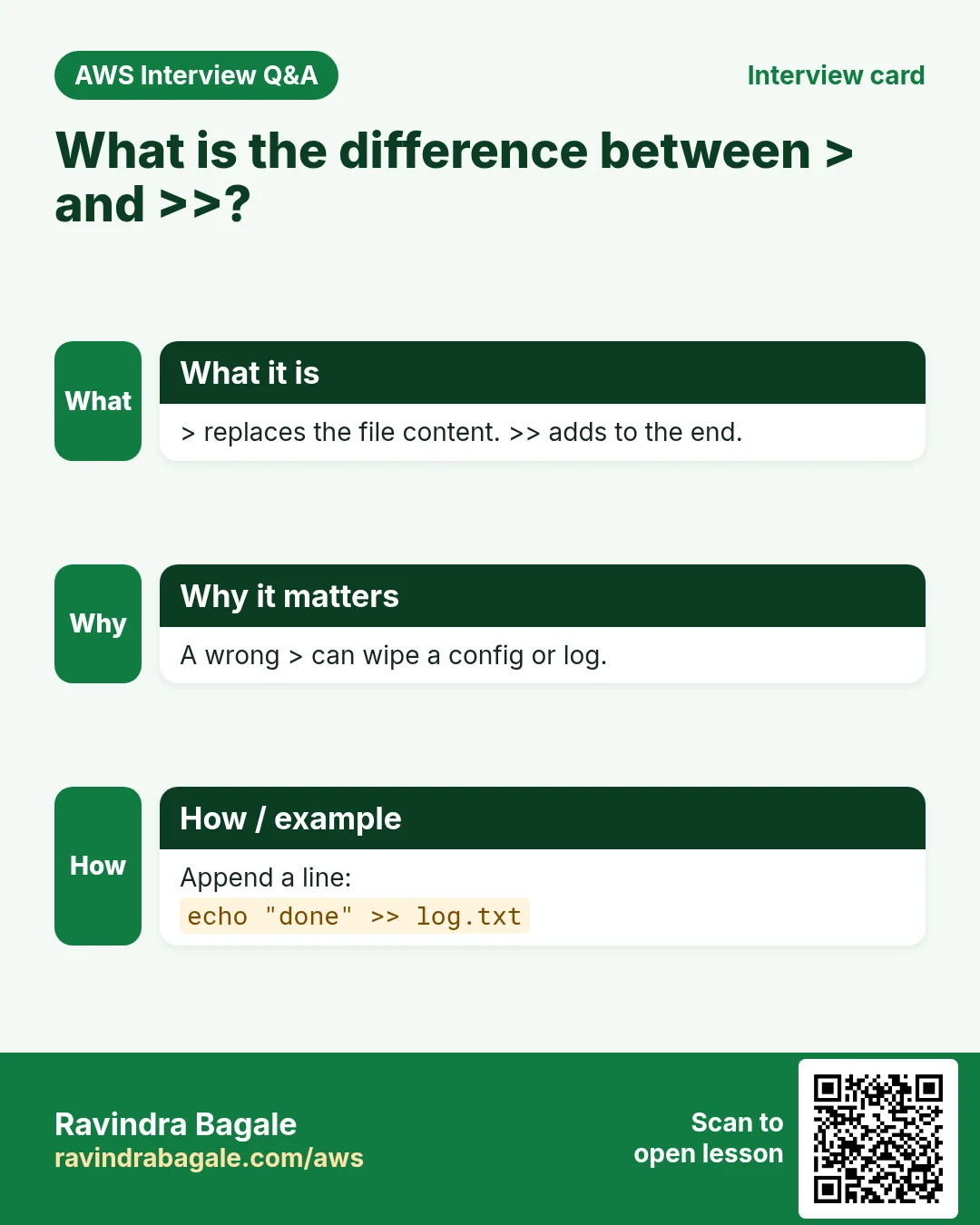 Interview card: What is the difference between > and >>?. > replaces the file content. >> adds to the end. A wrong > can wipe a config or log. Append a line:
