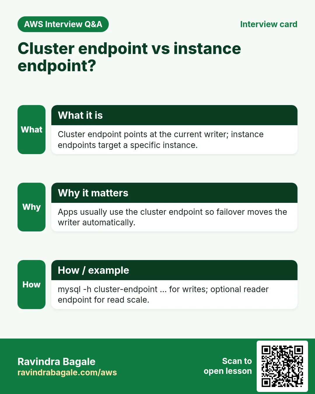 Interview card: Cluster endpoint vs instance endpoint?. Cluster endpoint points at the current writer; instance endpoints target a specific instance. Apps usually use the cluster endpoint so failover moves the writer automatically. mysql -h cluster-endpoint … for writes; optional reader endpoint for read scale.