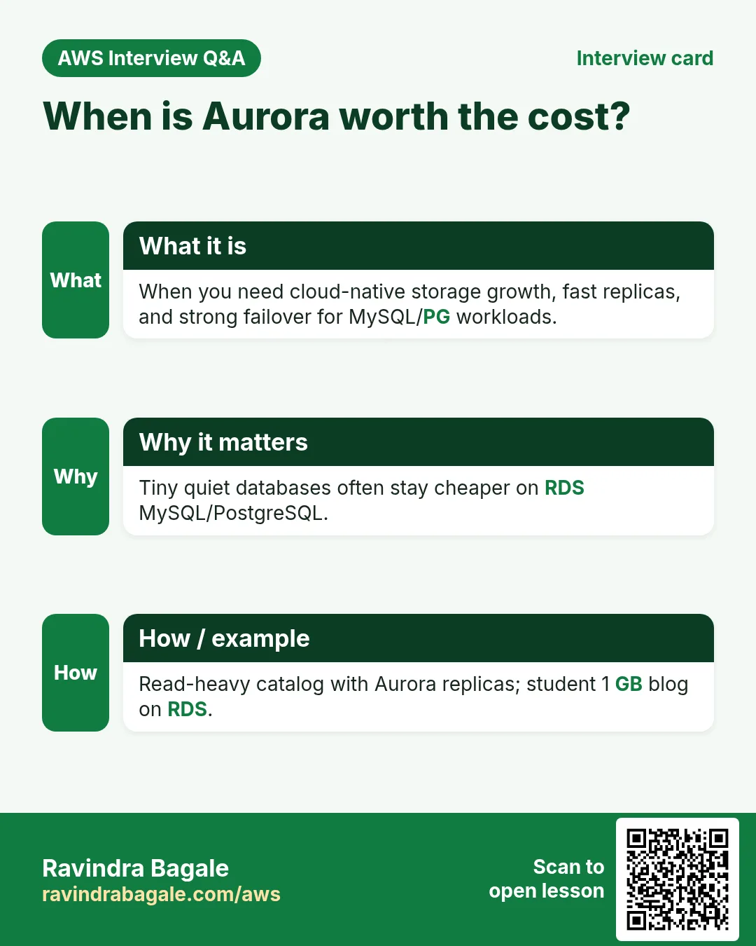 Interview card: When is Aurora worth the cost?. When you need cloud-native storage growth, fast replicas, and strong failover for MySQL/PG workloads. Tiny quiet databases often stay cheaper on RDS MySQL/PostgreSQL. Read-heavy catalog with Aurora replicas; student 1 GB blog on RDS.