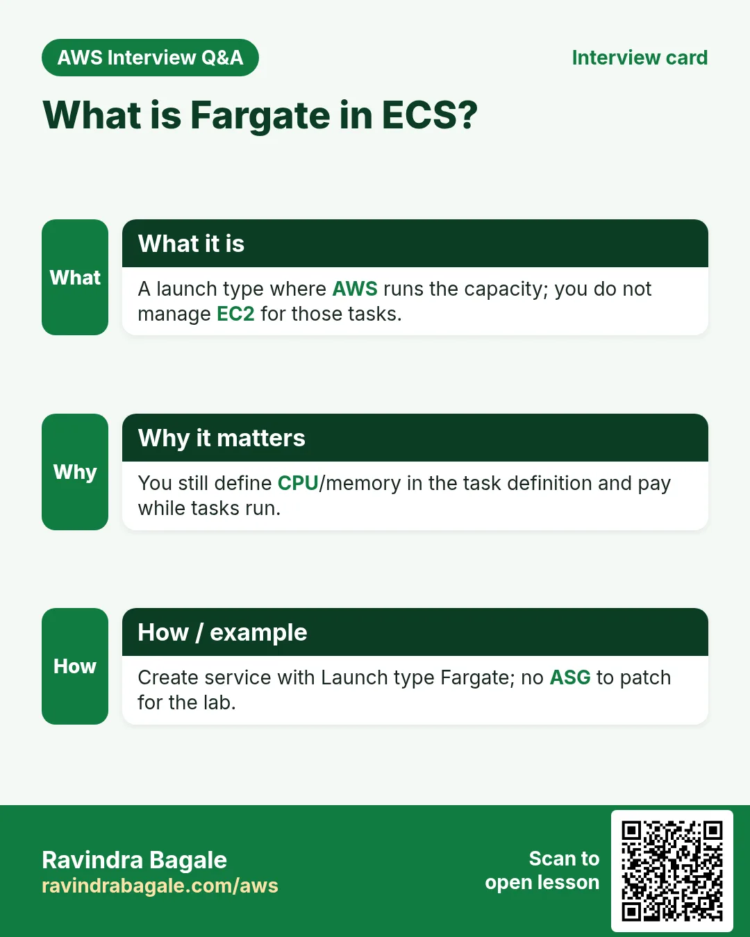 Interview card: What is Fargate in ECS?. A launch type where AWS runs the capacity; you do not manage EC2 for those tasks. You still define CPU/memory in the task definition and pay while tasks run. Create service with Launch type Fargate; no ASG to patch for the lab.