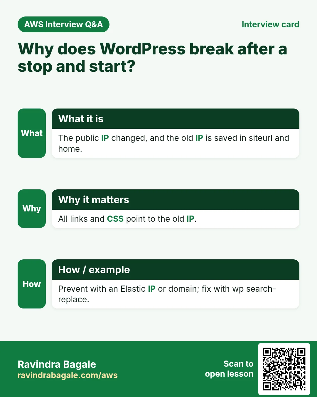 Interview card: Why does WordPress break when the EC2 public IP changes?. WordPress saves the site URL with the old IP in its database. Links and CSS still point to the old IP. Use an Elastic IP or a domain from the start.