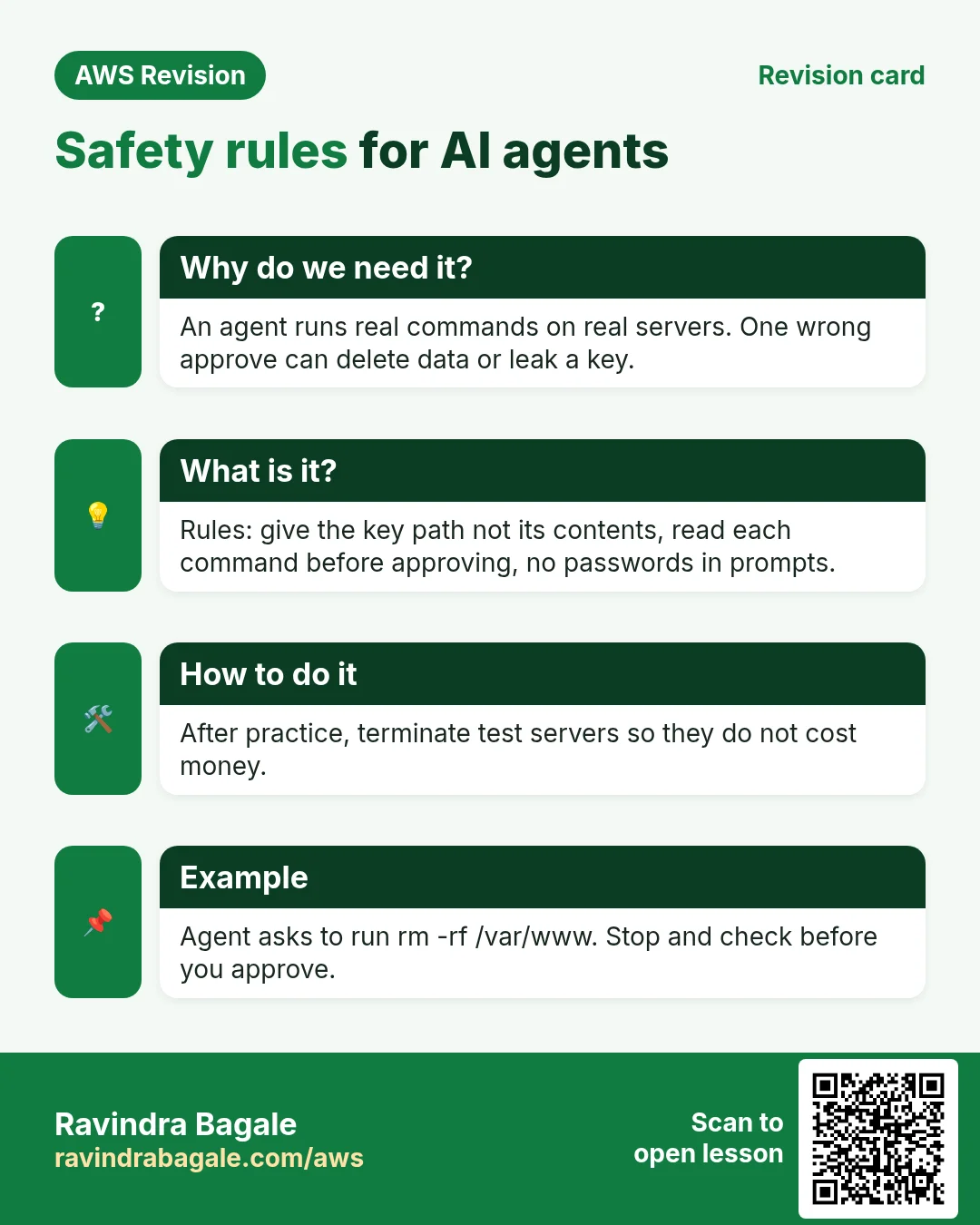 Revision card: Safety rules for AI agents. An agent runs real commands on real servers. One wrong approve can delete data or leak a key. Rules: give the key path not its contents, read each command before approving, no passwords in prompts. After practice, terminate test servers so they do not cost money. Agent asks to run rm -rf /var/www. Stop and check before you approve.