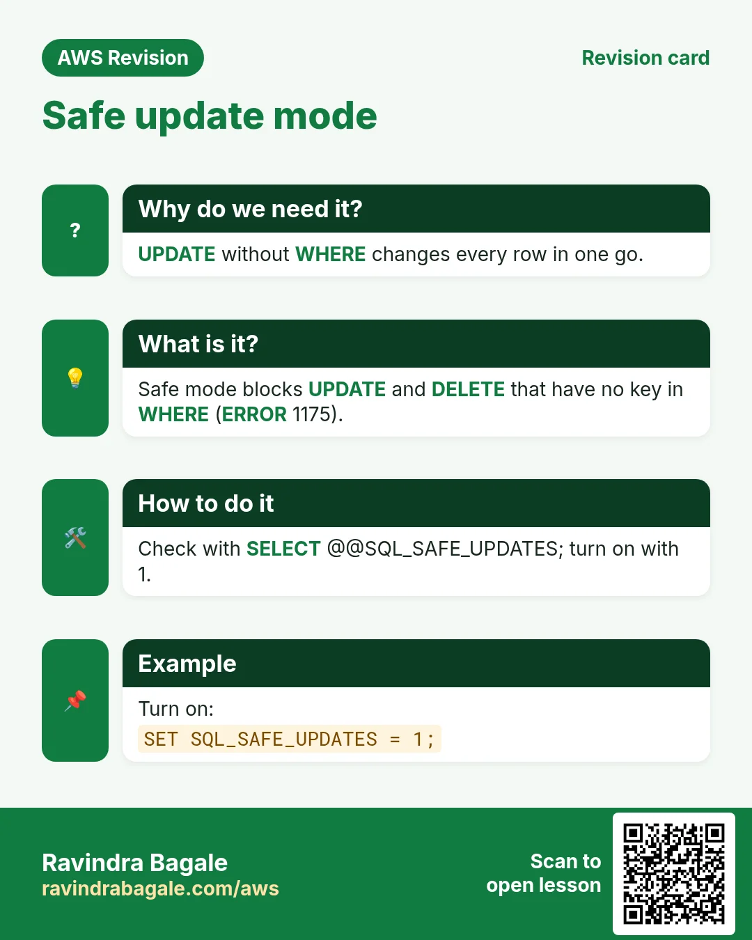 Revision card: Safe update mode. UPDATE without WHERE changes every row in one go. Safe mode blocks UPDATE and DELETE that have no key in WHERE (ERROR 1175). Check with SELECT @@SQL_SAFE_UPDATES; turn on with 1. Turn on: