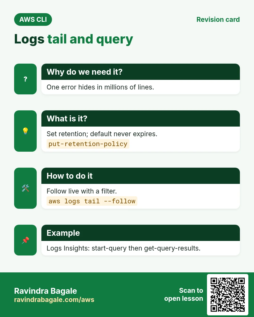 Logs tail and query. One error hides in millions of lines. Set retention; default never expires. Follow live with a filter. Logs Insights: start-query then get-query-results.