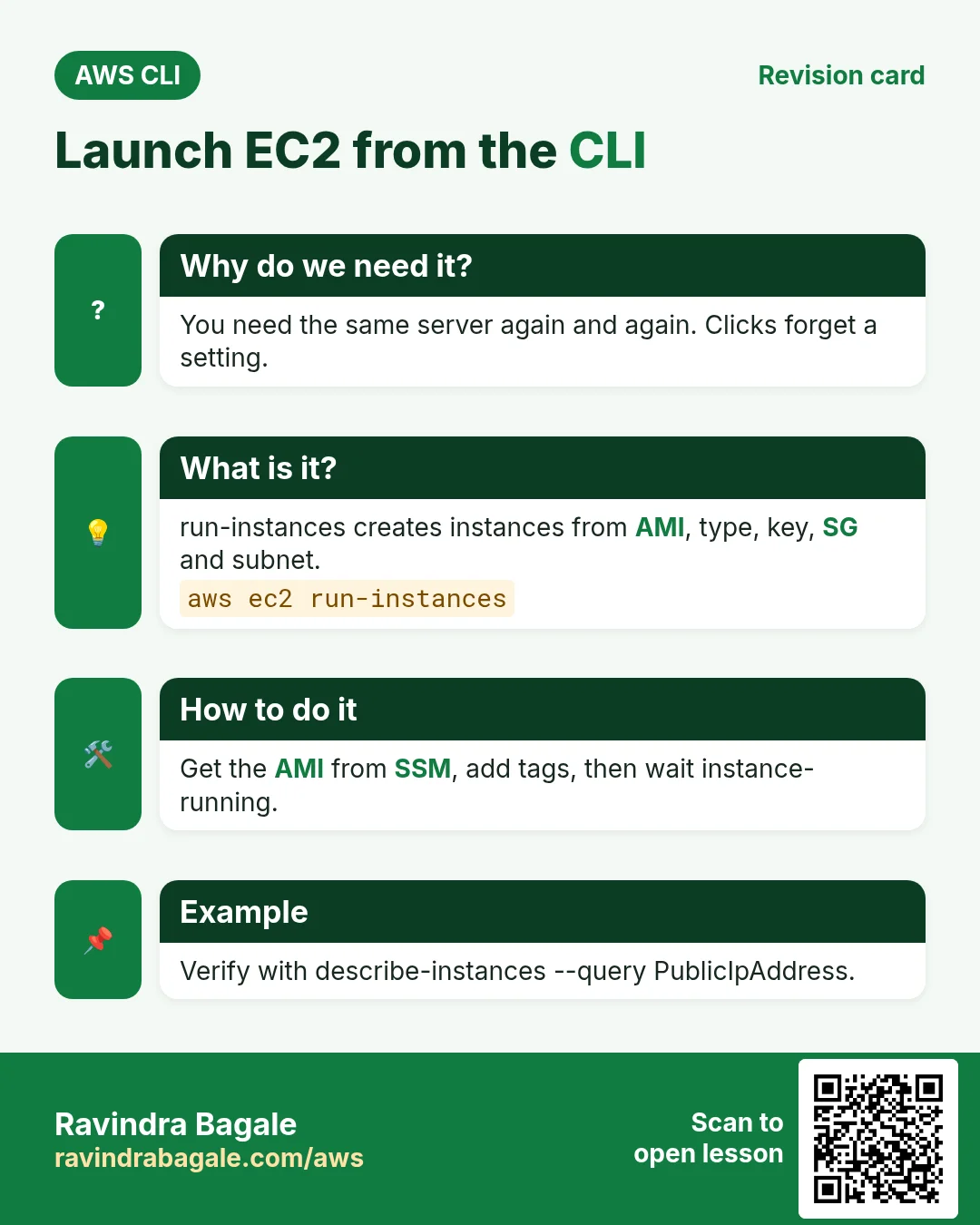 Launch EC2 from the CLI. You need the same server again and again. Clicks forget a setting. run-instances creates instances from AMI, type, key, SG and subnet. Get the AMI from SSM, add tags, then wait instance-running. Verify with describe-instances --query PublicIpAddress.