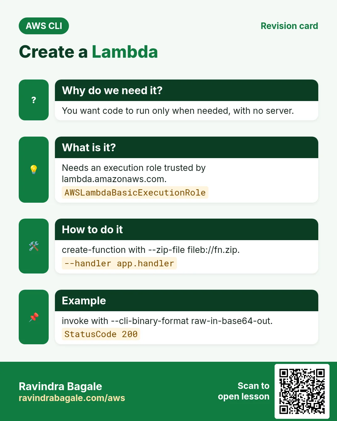 Create a Lambda. You want code to run only when needed, with no server. Needs an execution role trusted by lambda.amazonaws.com. create-function with --zip-file fileb://fn.zip. invoke with --cli-binary-format raw-in-base64-out.
