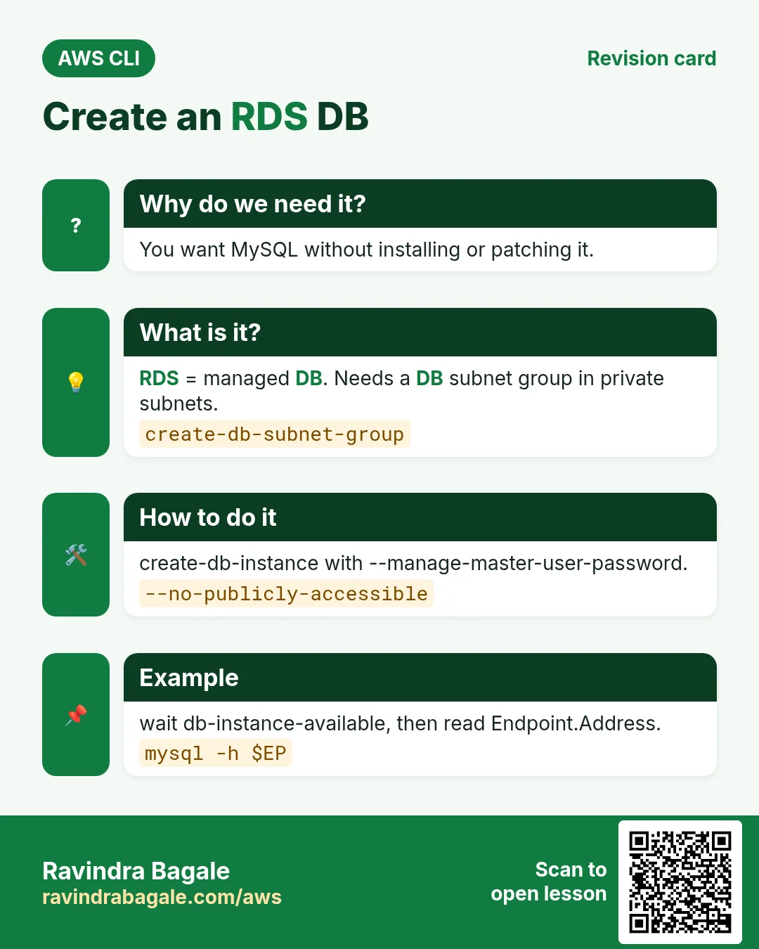 Create an RDS DB. You want MySQL without installing or patching it. RDS = managed DB. Needs a DB subnet group in private subnets. create-db-instance with --manage-master-user-password. wait db-instance-available, then read Endpoint.Address.