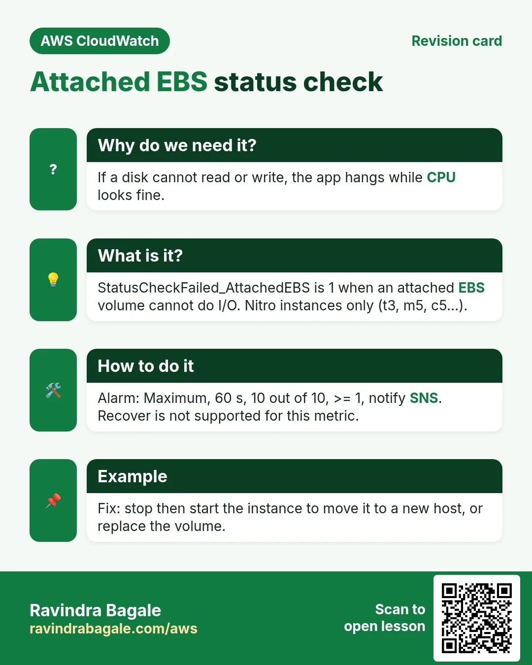 Revision card: Attached EBS status check. If a disk cannot read or write, the app hangs while CPU looks fine. StatusCheckFailed_AttachedEBS is 1 when an attached EBS volume cannot do I/O. Nitro instances only (t3, m5, c5…). Alarm: Maximum, 60 s, 10 out of 10, >= 1, notify SNS. Recover is not supported for this metric. Fix: stop then start the instance to move it to a new host, or replace the volume.