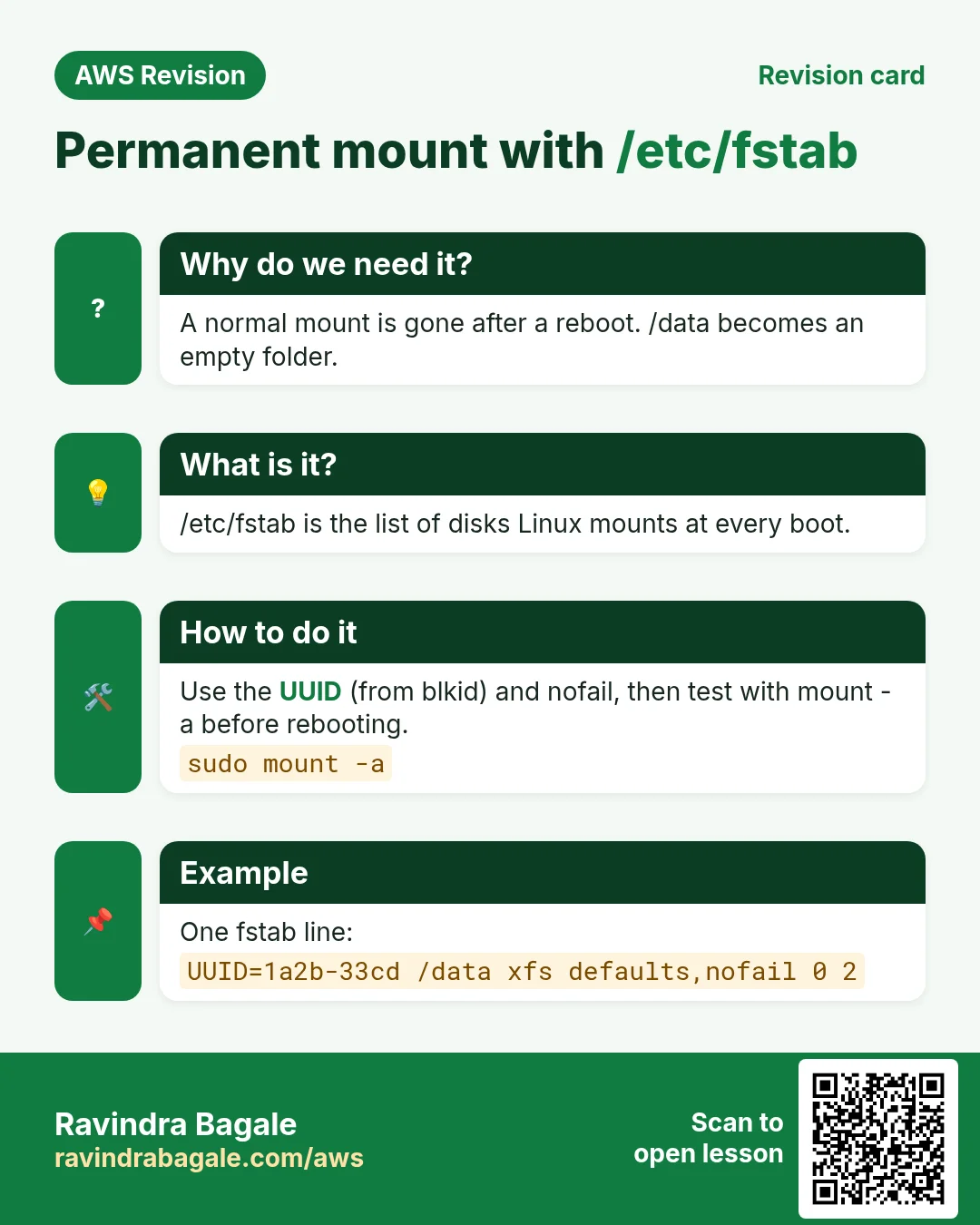 Revision card: Permanent mount with /etc/fstab. A normal mount is gone after a reboot. /data becomes an empty folder. /etc/fstab is the list of disks Linux mounts at every boot. Use the UUID (from blkid) and nofail, then test with mount -a before rebooting. One fstab line: