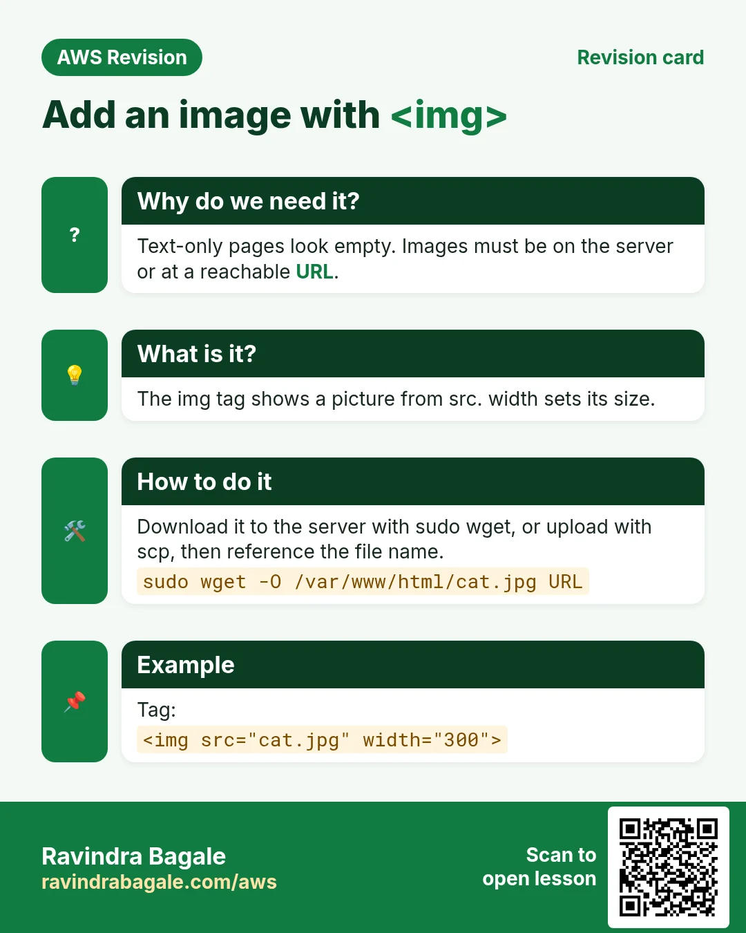 Revision card: Add an image with <img>. Text-only pages look empty. Images must be on the server or at a reachable URL. The img tag shows a picture from src. width sets its size. Download it to the server with sudo wget, or upload with scp, then reference the file name. Tag: