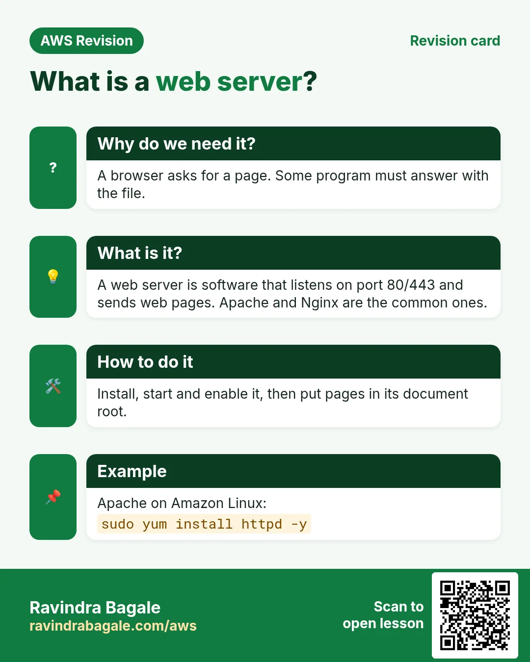 Revision card: What is a web server?. A browser asks for a page. Some program must answer with the file. A web server is software that listens on port 80/443 and sends web pages. Apache and Nginx are the common ones. Install, start and enable it, then put pages in its document root. Apache on Amazon Linux: