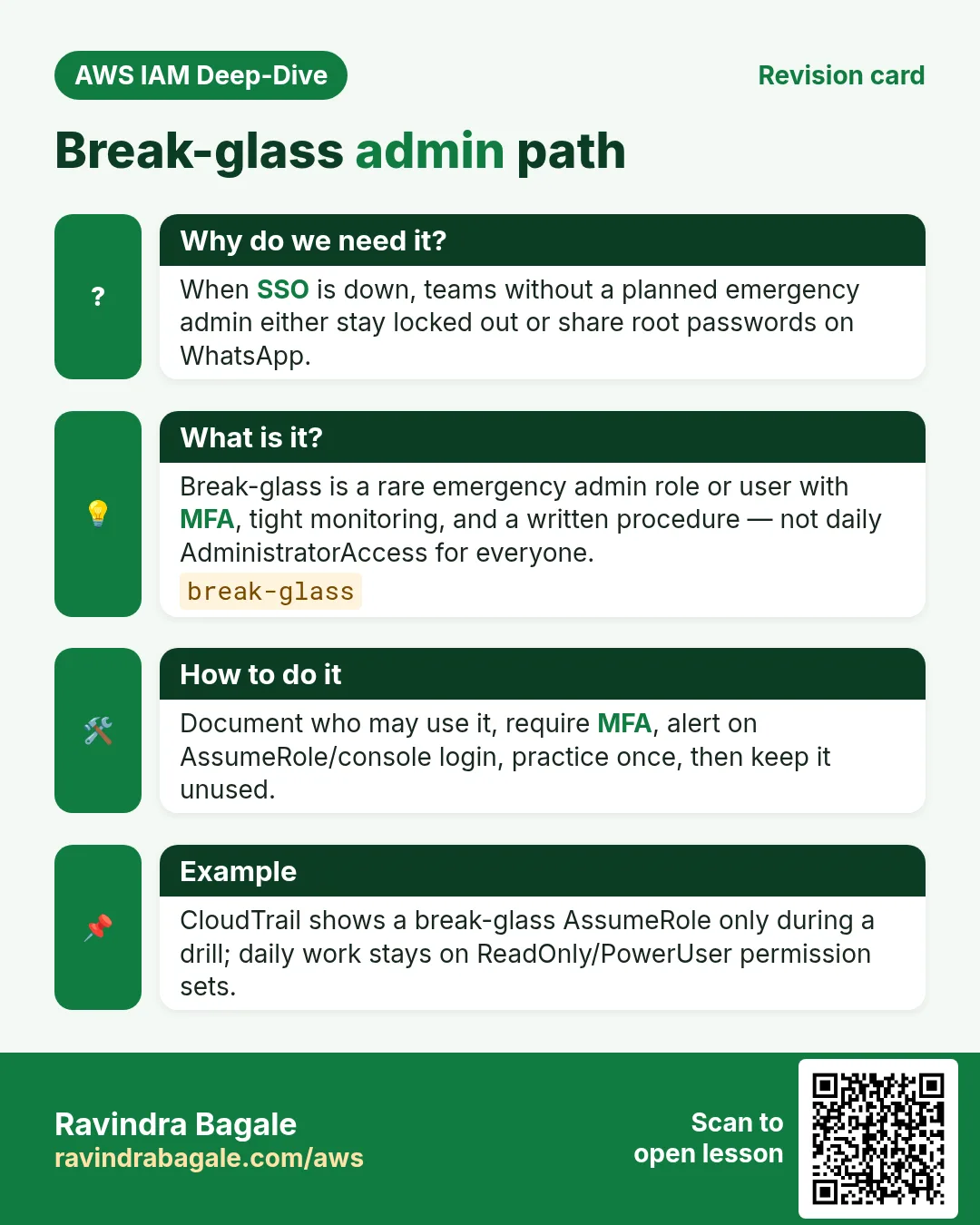 Revision card: Break-glass admin path. When SSO is down, teams without a planned emergency admin either stay locked out or share root passwords on WhatsApp. Break-glass is a rare emergency admin role or user with MFA, tight monitoring, and a written procedure — not daily AdministratorAccess for everyone. Document who may use it, require MFA, alert on AssumeRole/console login, practice once, then keep it unused. CloudTrail shows a break-glass AssumeRole only during a drill; daily work stays on ReadOnly/PowerUser permission sets.