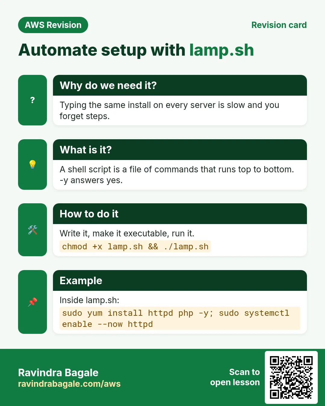 Revision card: Automate setup with lamp.sh. Typing the same install on every server is slow and you forget steps. A shell script is a file of commands that runs top to bottom. -y answers yes. Write it, make it executable, run it. Inside lamp.sh: