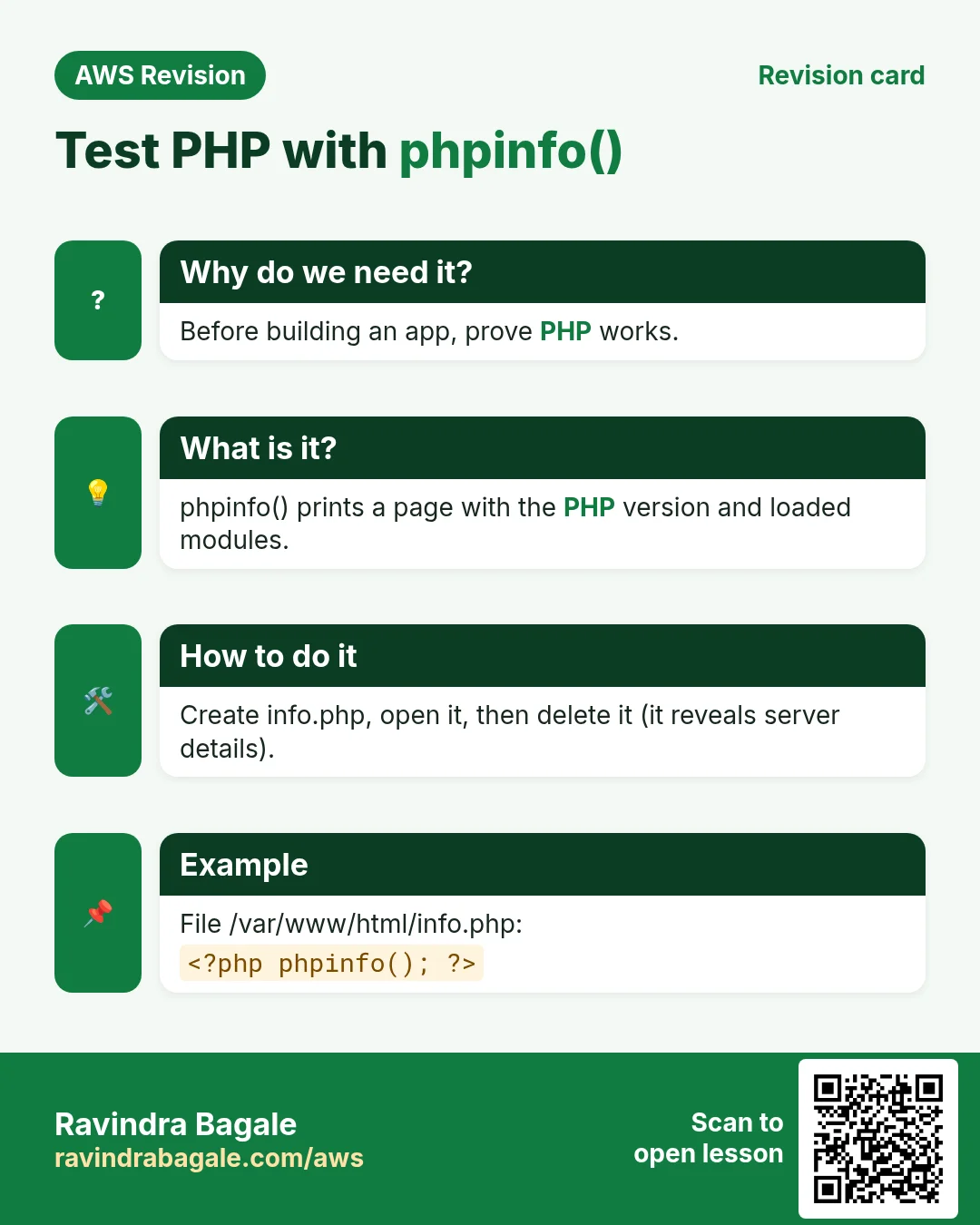 Revision card: Test PHP with phpinfo(). Before building an app, prove PHP works. phpinfo() prints a page with the PHP version and loaded modules. Create info.php, open it, then delete it (it reveals server details). File /var/www/html/info.php: