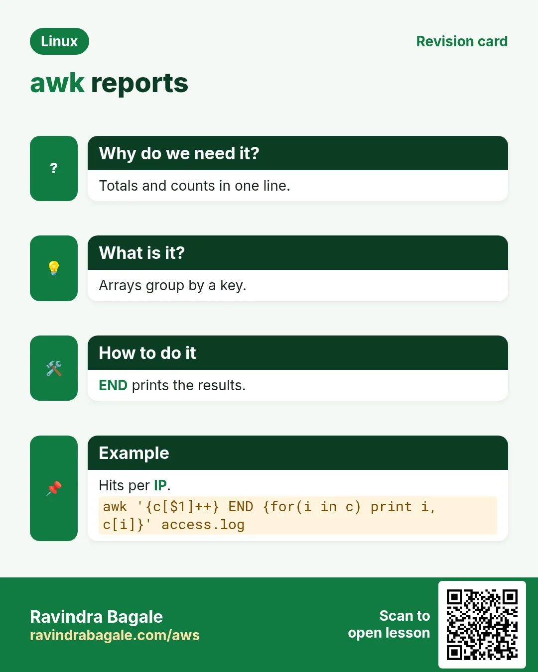 awk reports. Totals and counts in one line. Arrays group by a key. END prints the results. Hits per IP.