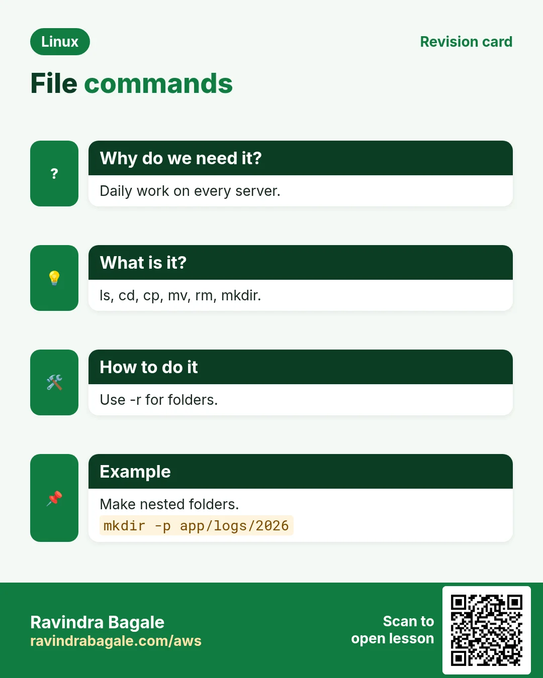 File commands. Daily work on every server. ls, cd, cp, mv, rm, mkdir. Use -r for folders. Make nested folders.