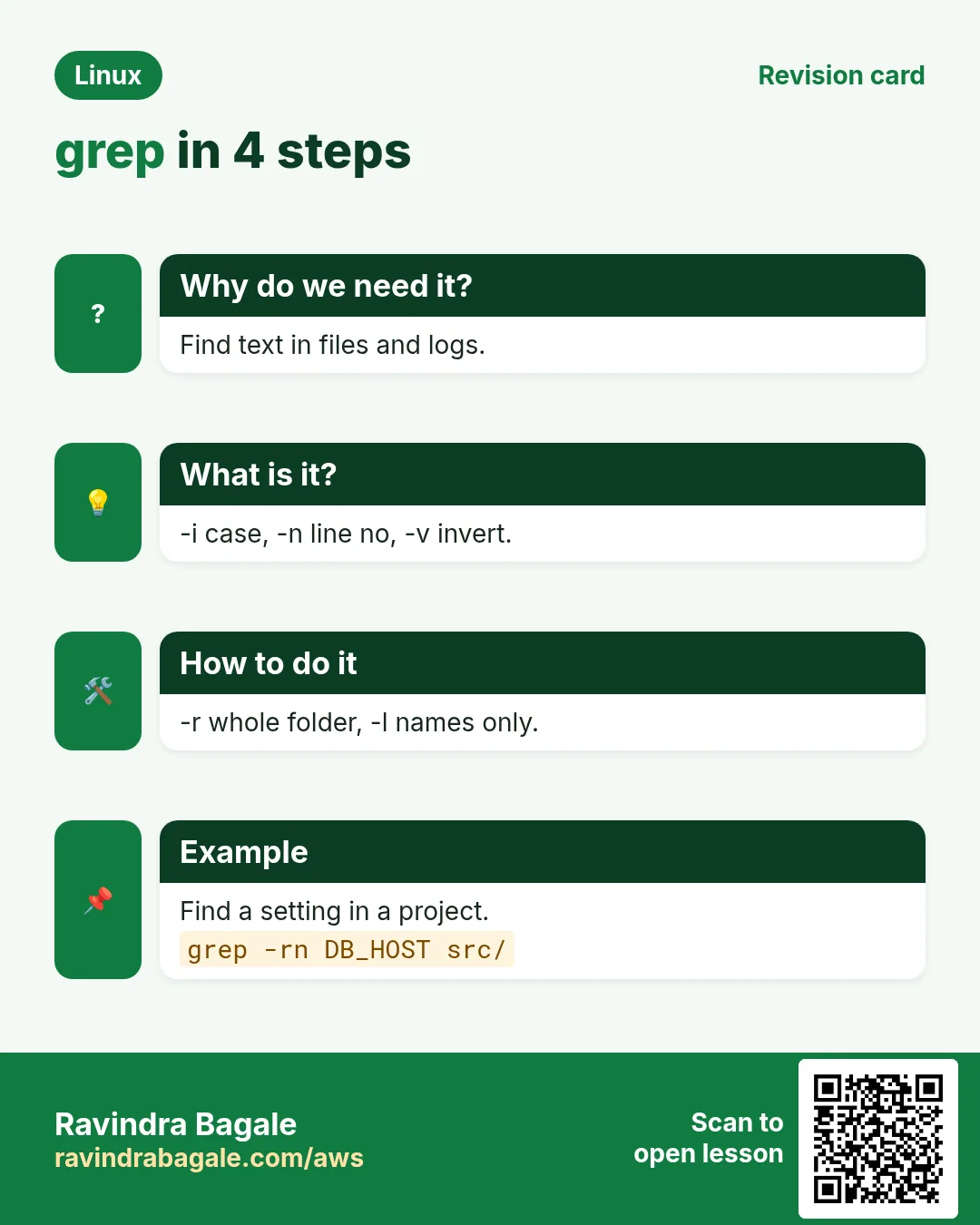grep in 4 steps. Find text in files and logs. -i case, -n line no, -v invert. -r whole folder, -l names only. Find a setting in a project.