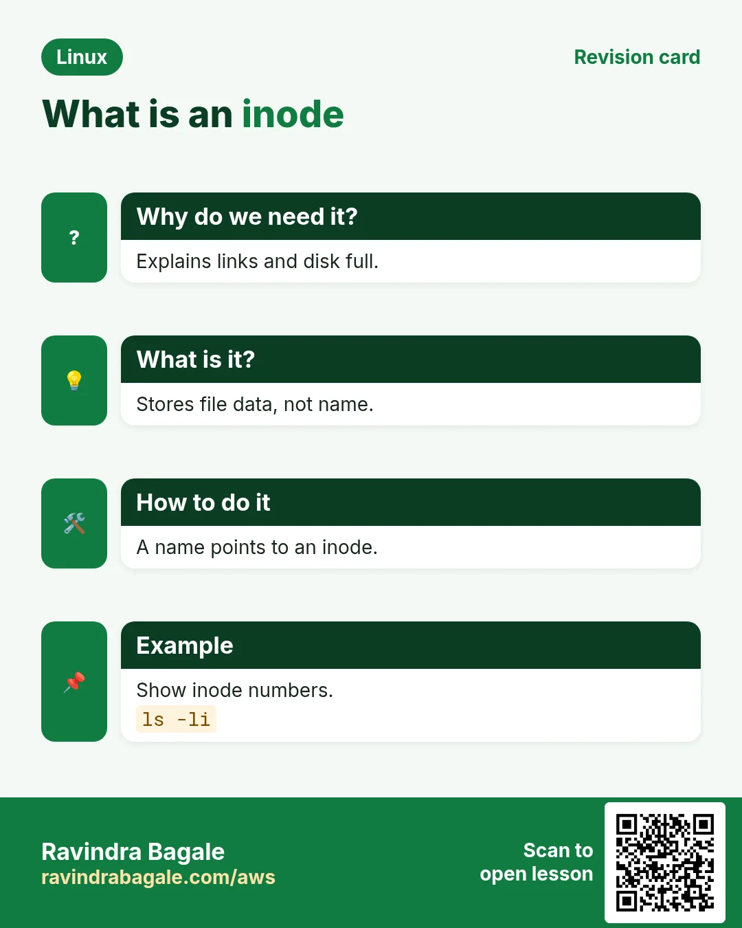 What is an inode. Explains links and disk full. Stores file data, not name. A name points to an inode. Show inode numbers.