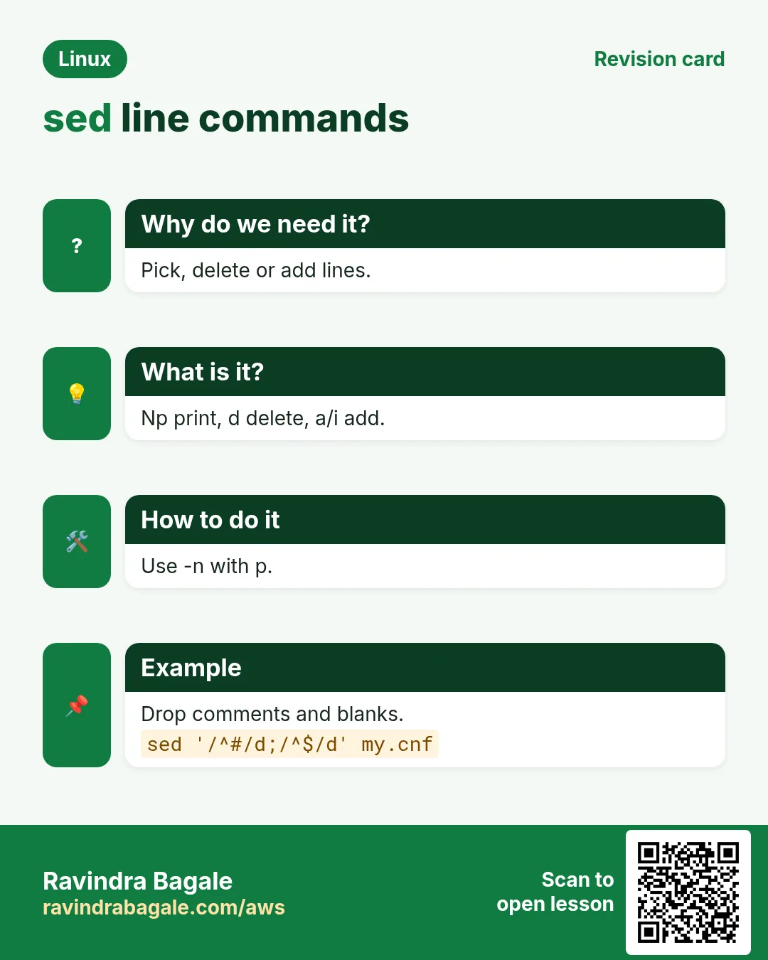 sed line commands. Pick, delete or add lines. Np print, d delete, a/i add. Use -n with p. Drop comments and blanks.