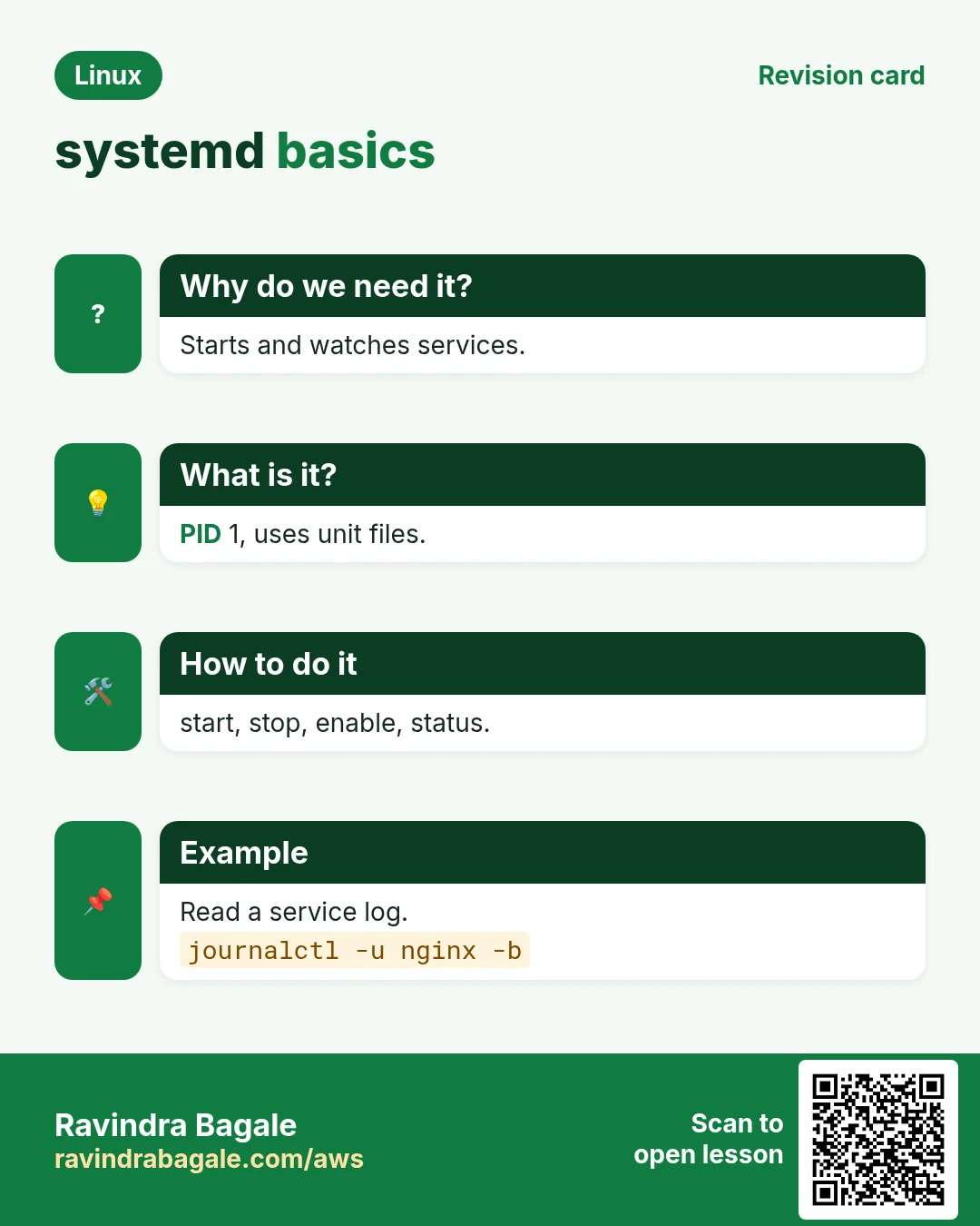 systemd basics. Starts and watches services. PID 1, uses unit files. start, stop, enable, status. Read a service log.