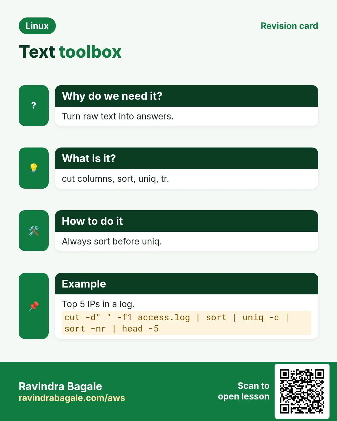 Text toolbox. Turn raw text into answers. cut columns, sort, uniq, tr. Always sort before uniq. Top 5 IPs in a log.