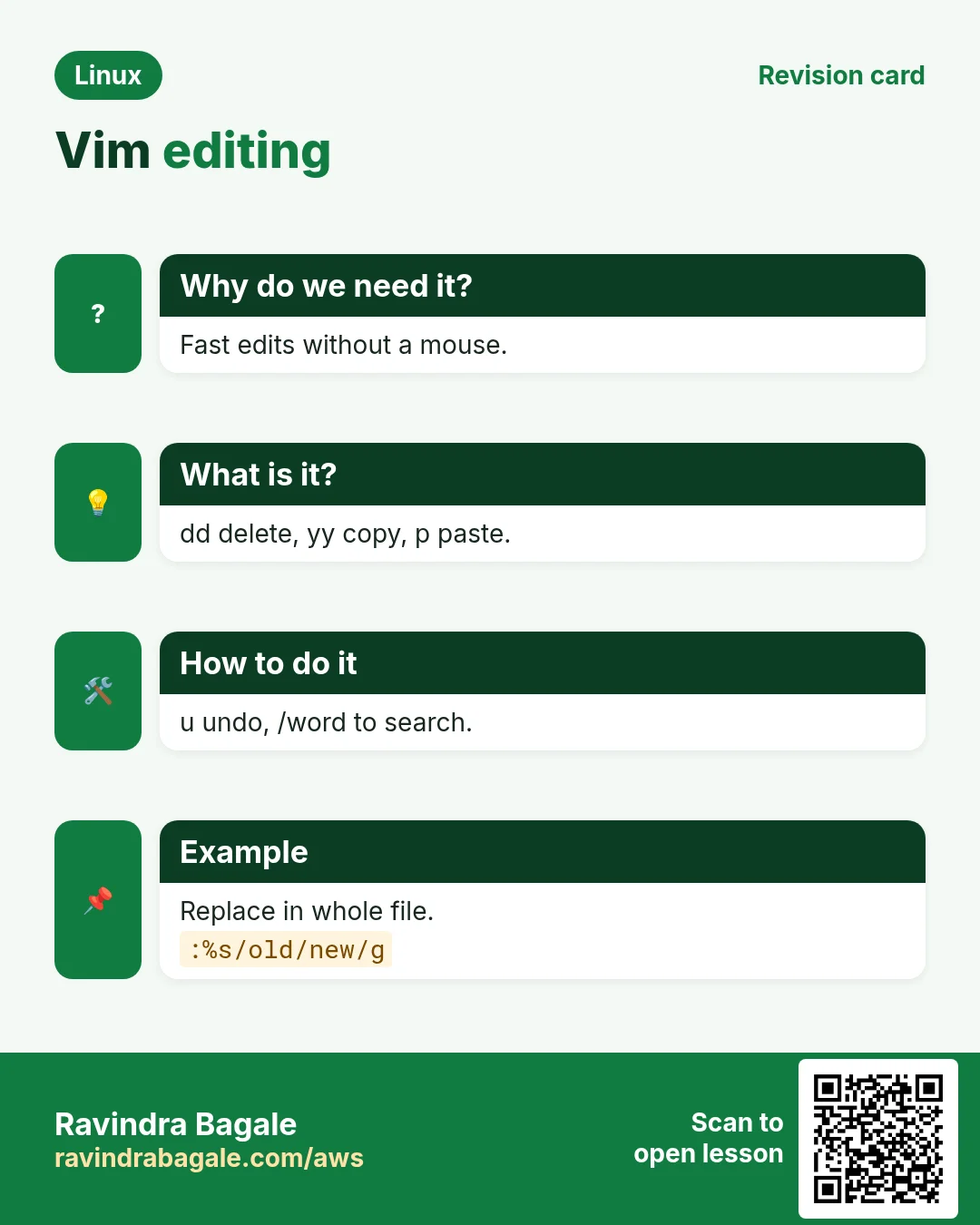 Vim editing. Fast edits without a mouse. dd delete, yy copy, p paste. u undo, /word to search. Replace in whole file.
