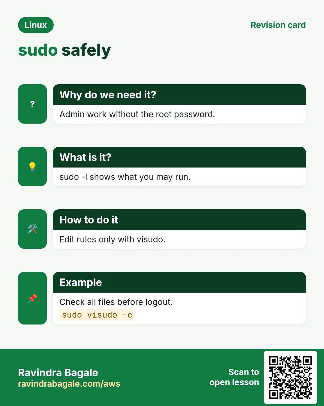 sudo safely. Admin work without the root password. sudo -l shows what you may run. Edit rules only with visudo. Check all files before logout.