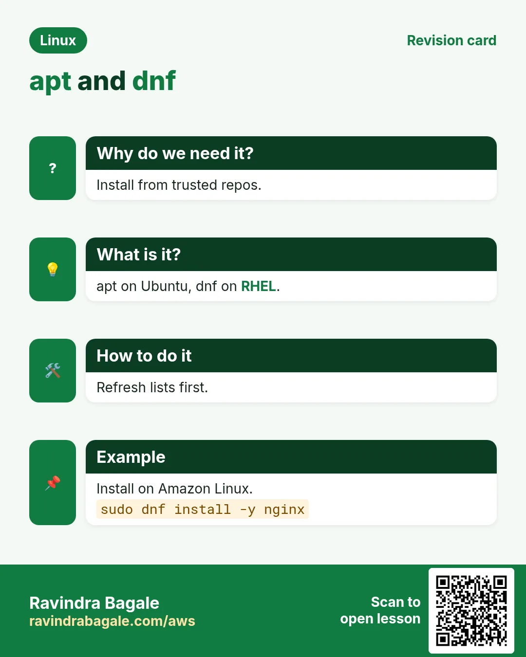 apt and dnf. Install from trusted repos. apt on Ubuntu, dnf on RHEL. Refresh lists first. Install on Amazon Linux.
