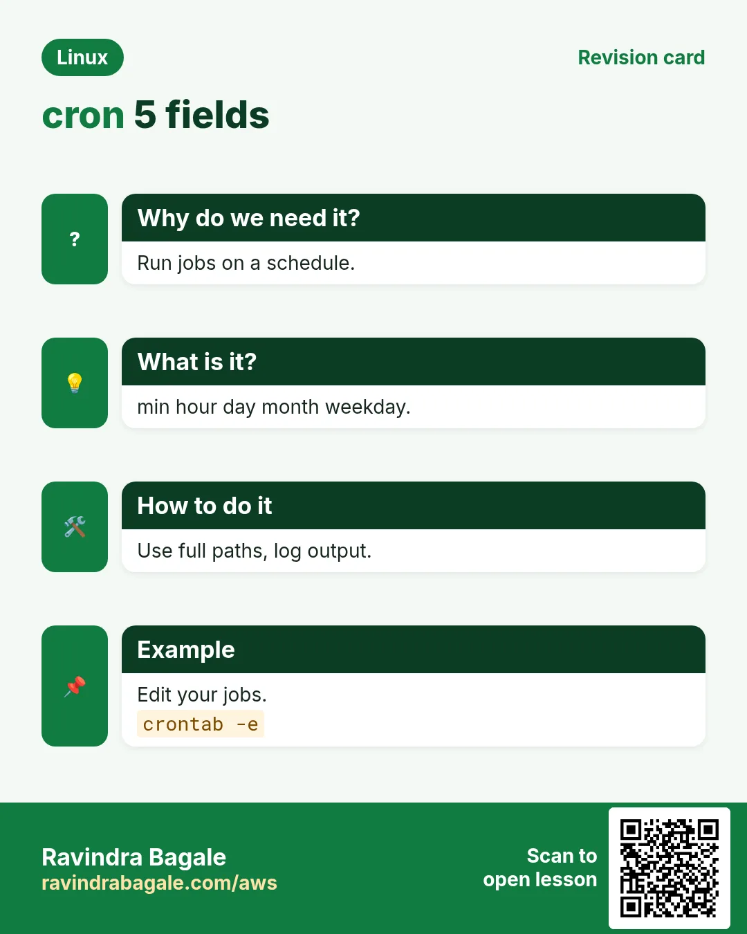 cron 5 fields. Run jobs on a schedule. min hour day month weekday. Use full paths, log output. Edit your jobs.