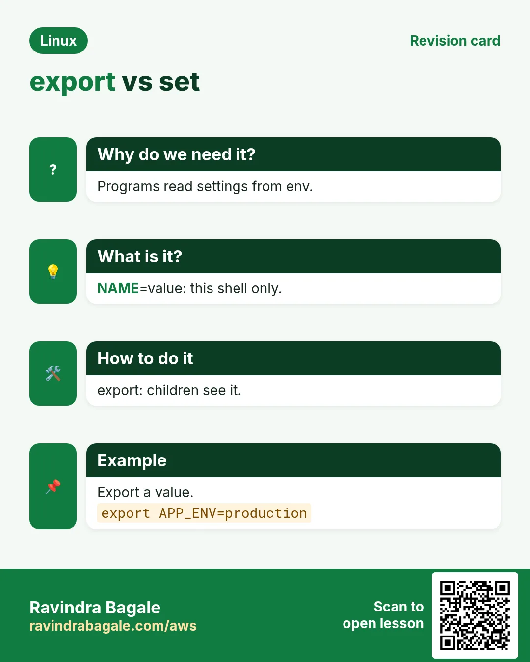 export vs set. Programs read settings from env. NAME=value: this shell only. export: children see it. Export a value.